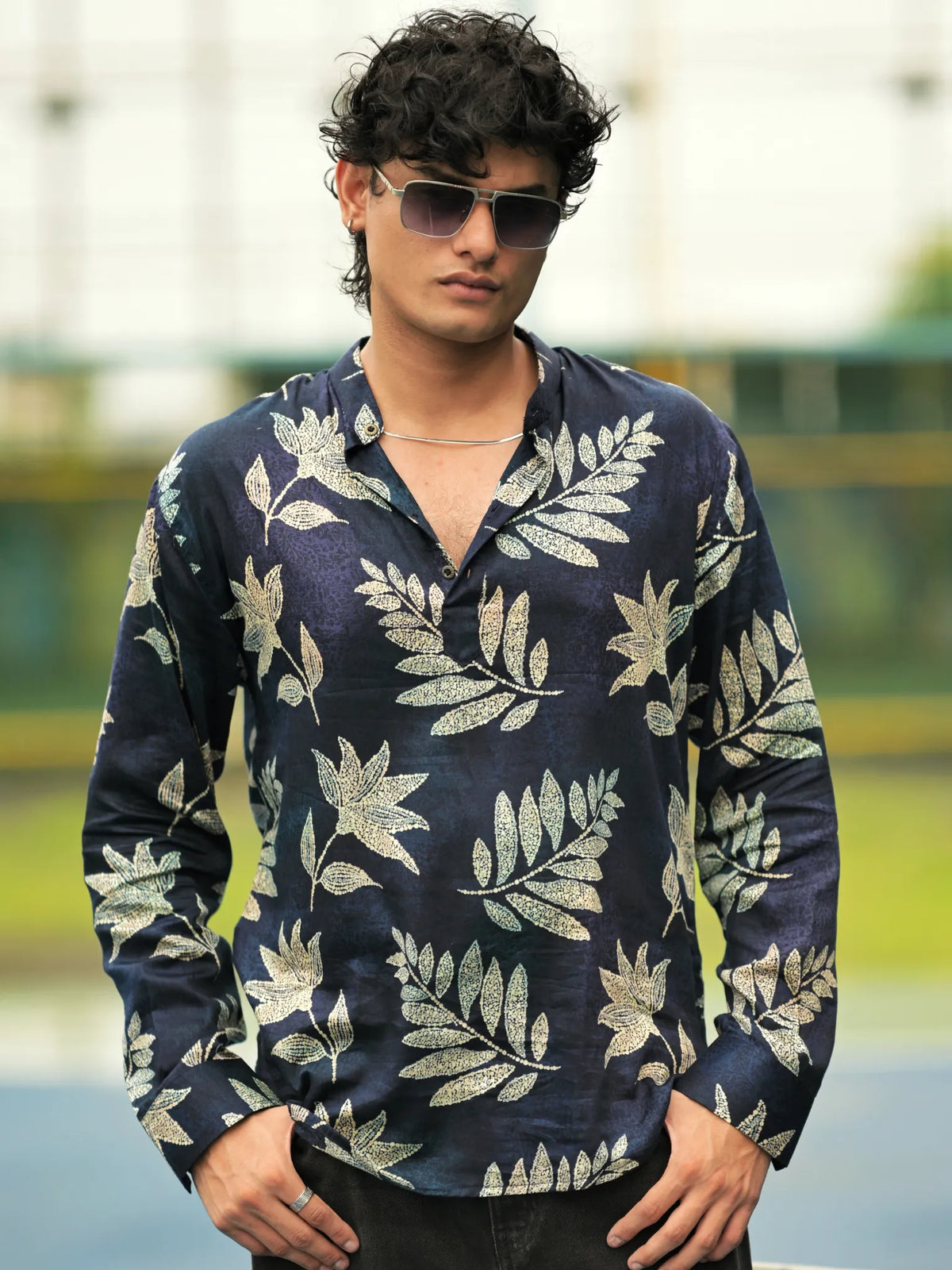 HUESFAB Navy Blue Leaf Print Short Kurta