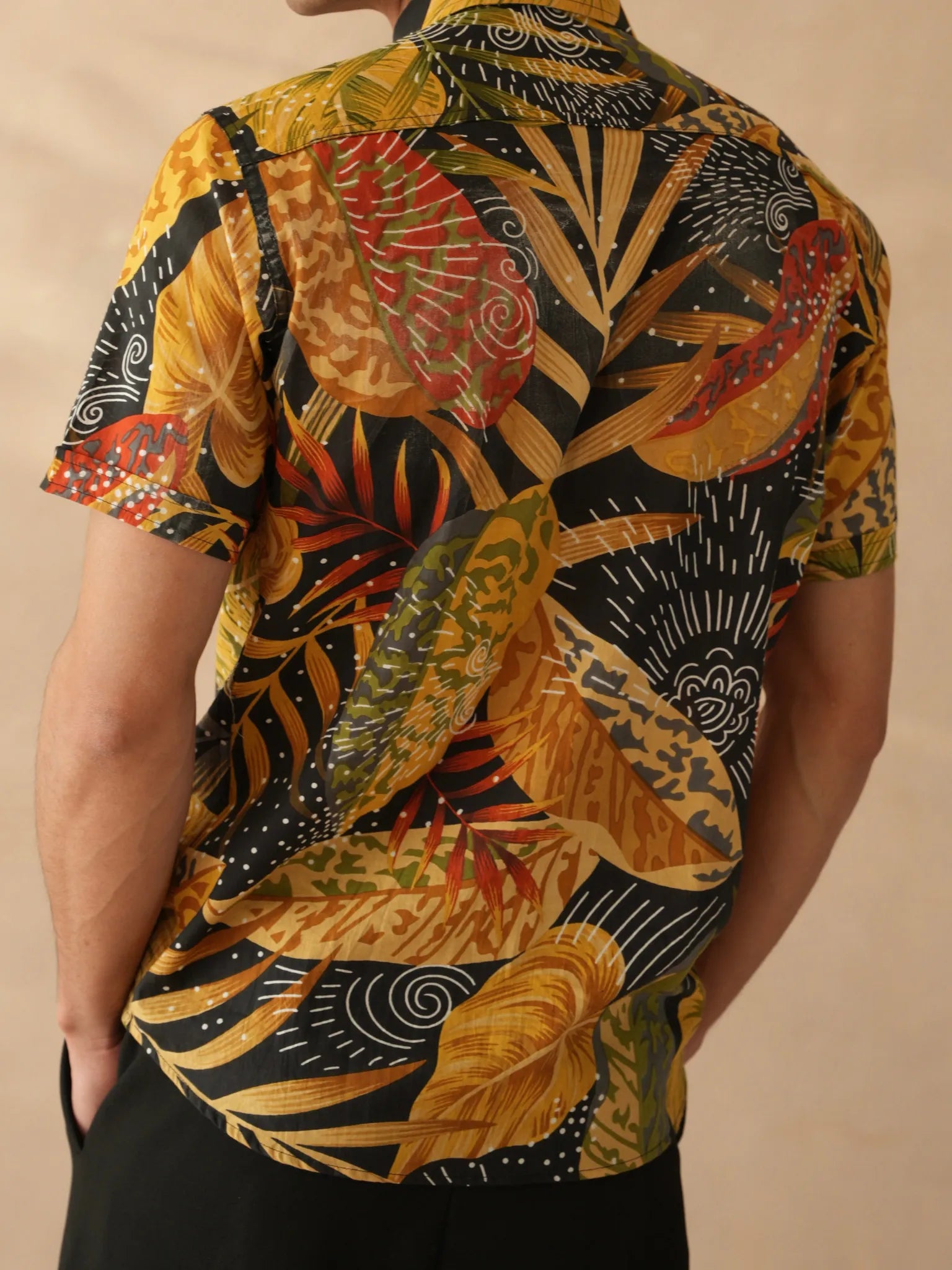 Navy Blue - Yellow Leaf Half Sleeves Shirt