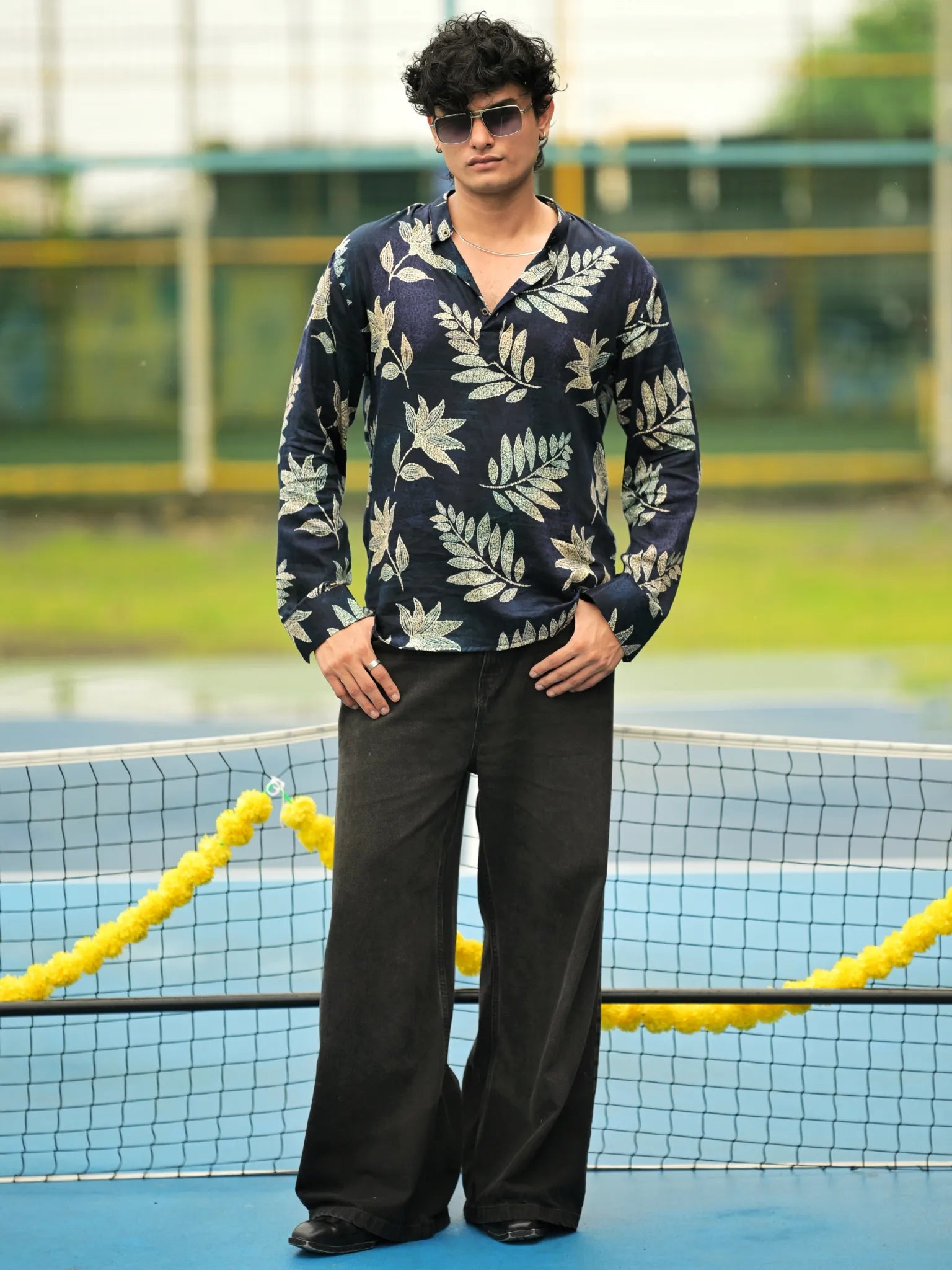 HUESFAB Navy Blue Leaf Print Short Kurta