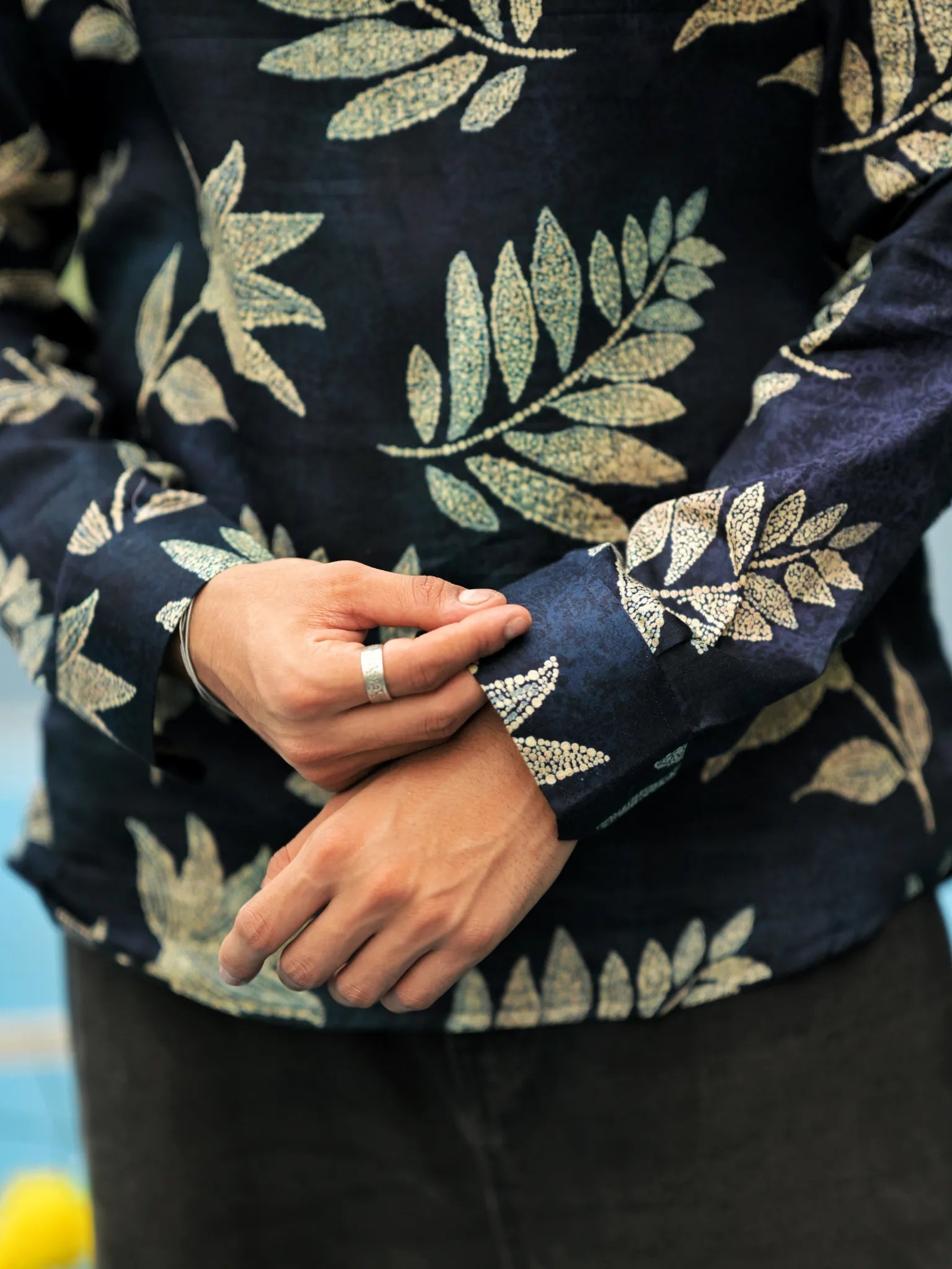 HUESFAB Navy Blue Leaf Print Short Kurta