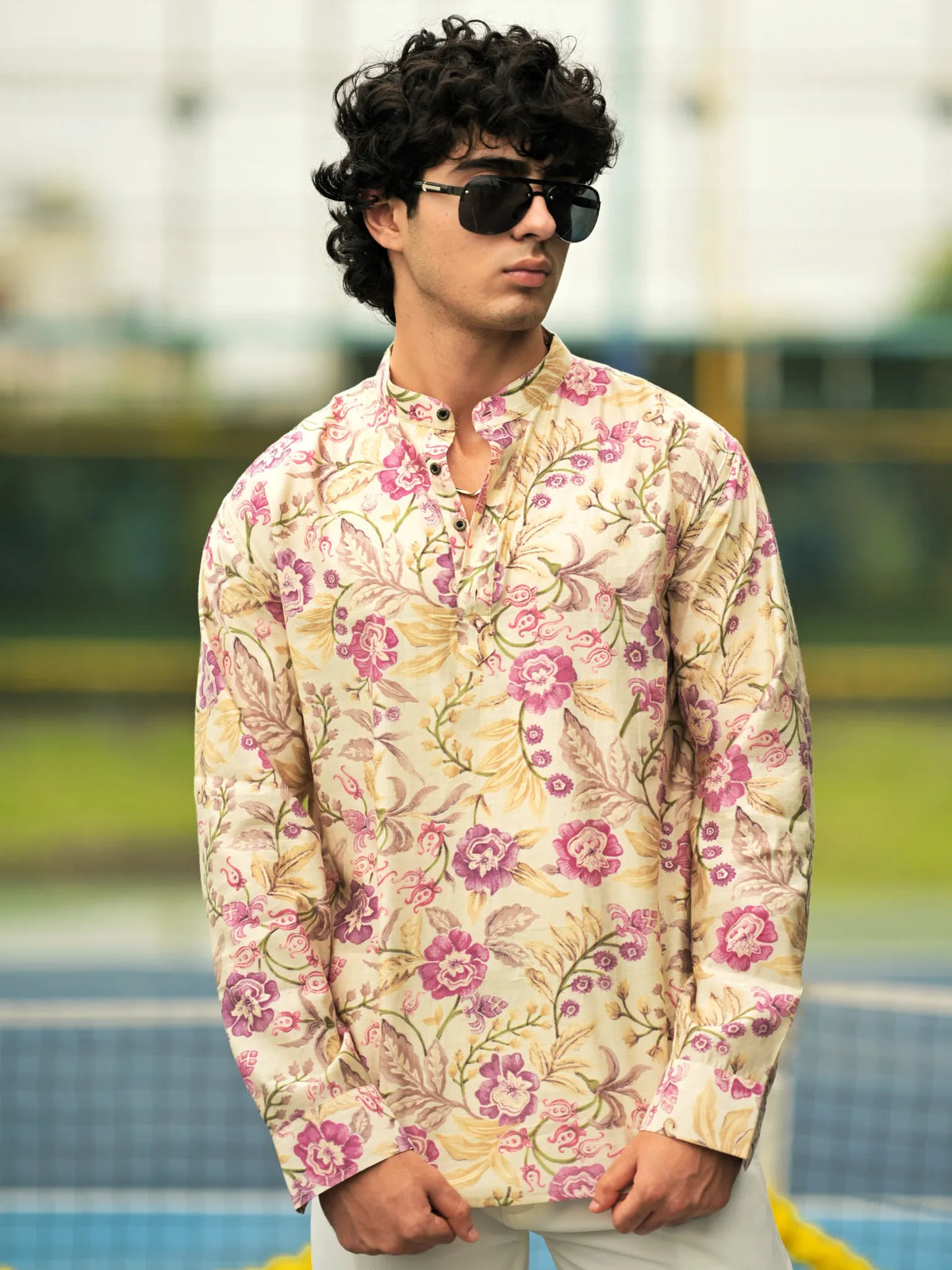 HUESFAB Cream Blossom Short Kurta