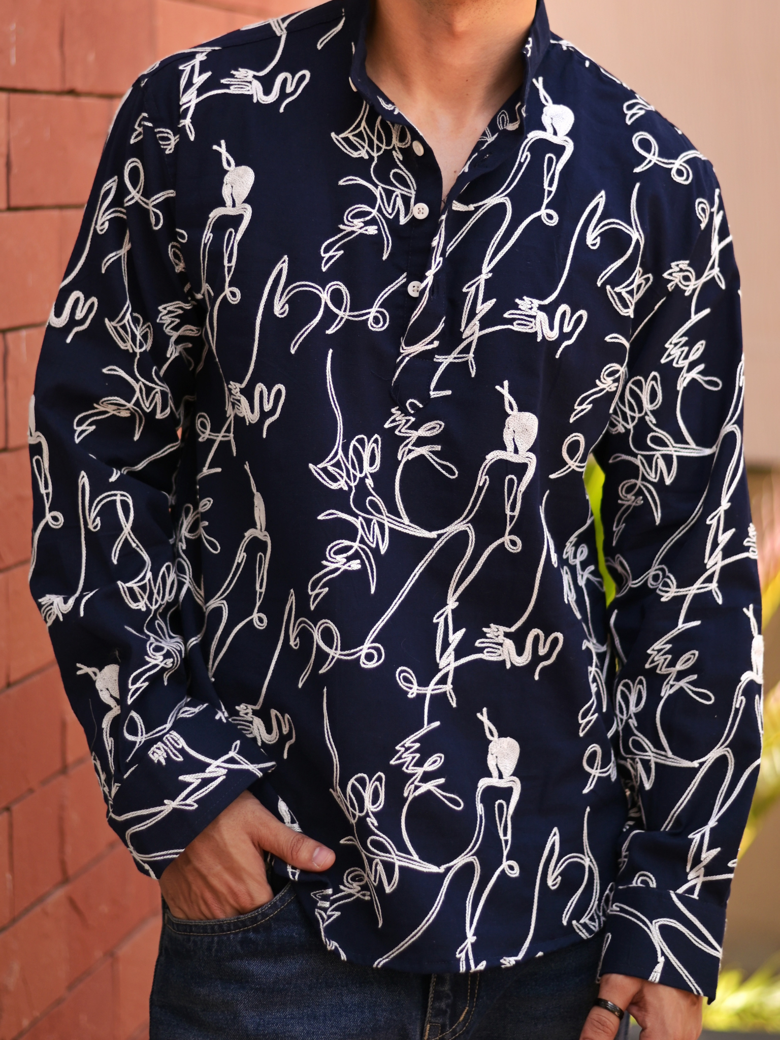 HUESFAB Navy Blue Embroidery Short Kurta