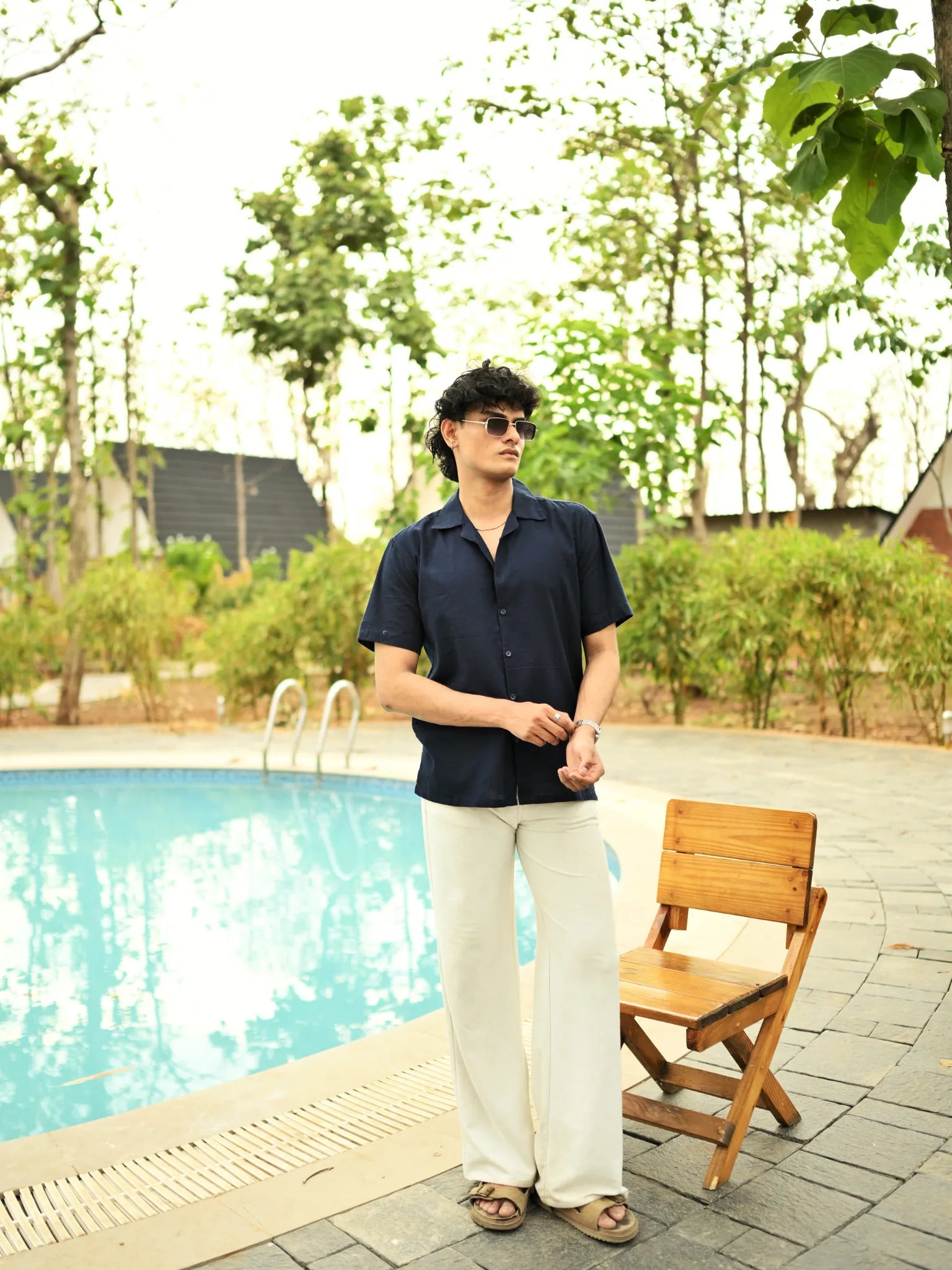 Navy Blue Flex Cuban Collar Shirt