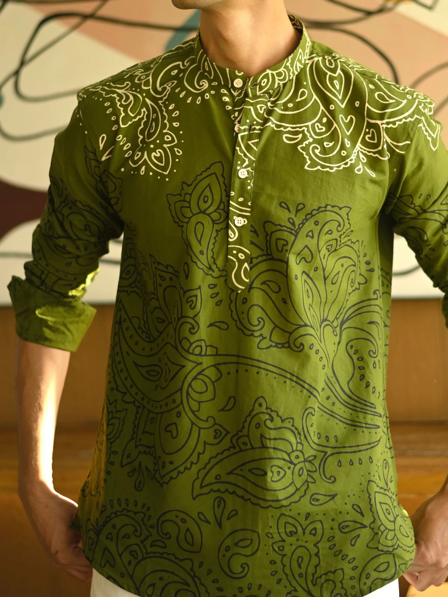 Olive Black Paisley short kurta