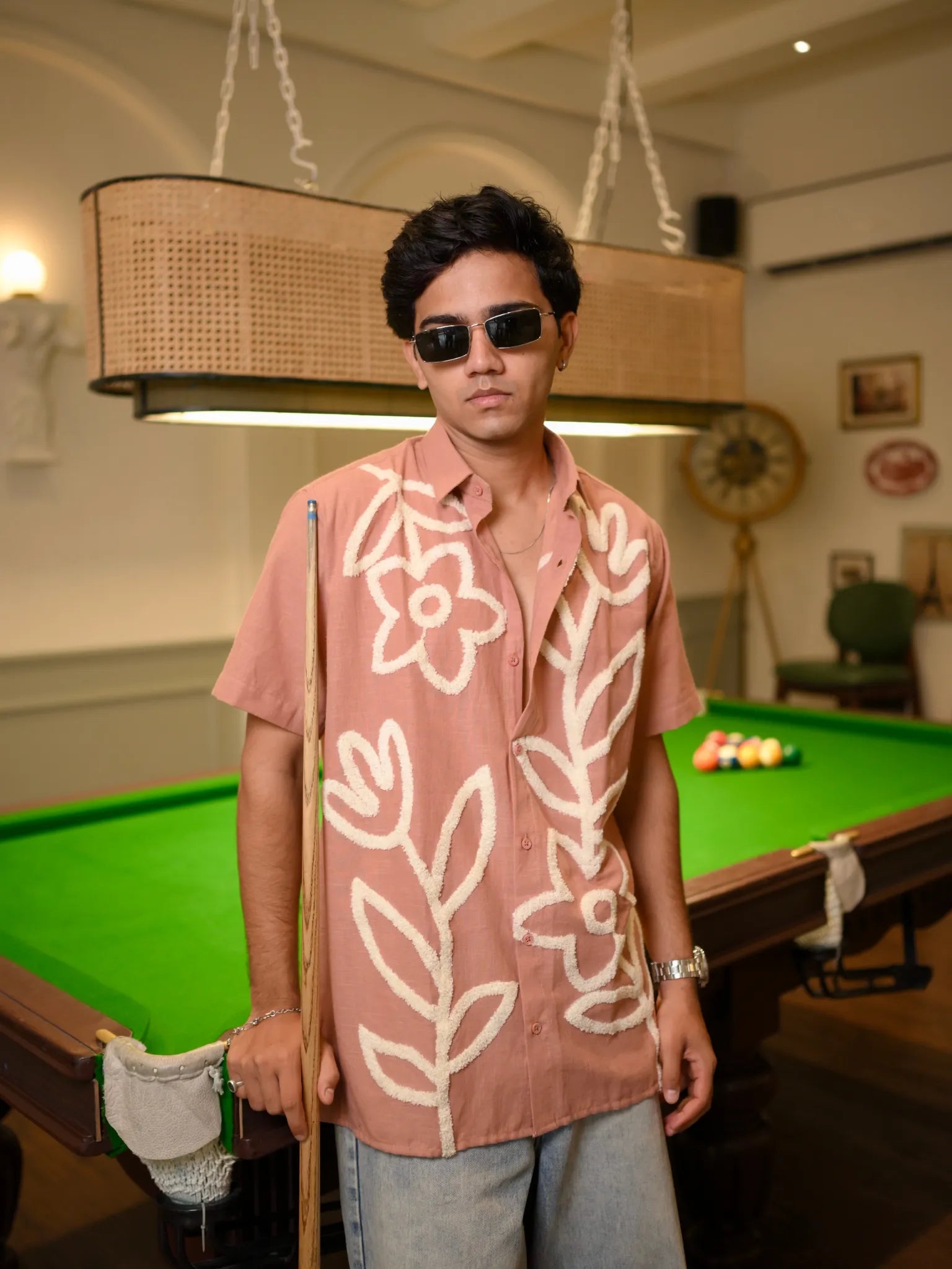 HUESFAB Dusky Pink Embroidery Half Sleeves Shirt