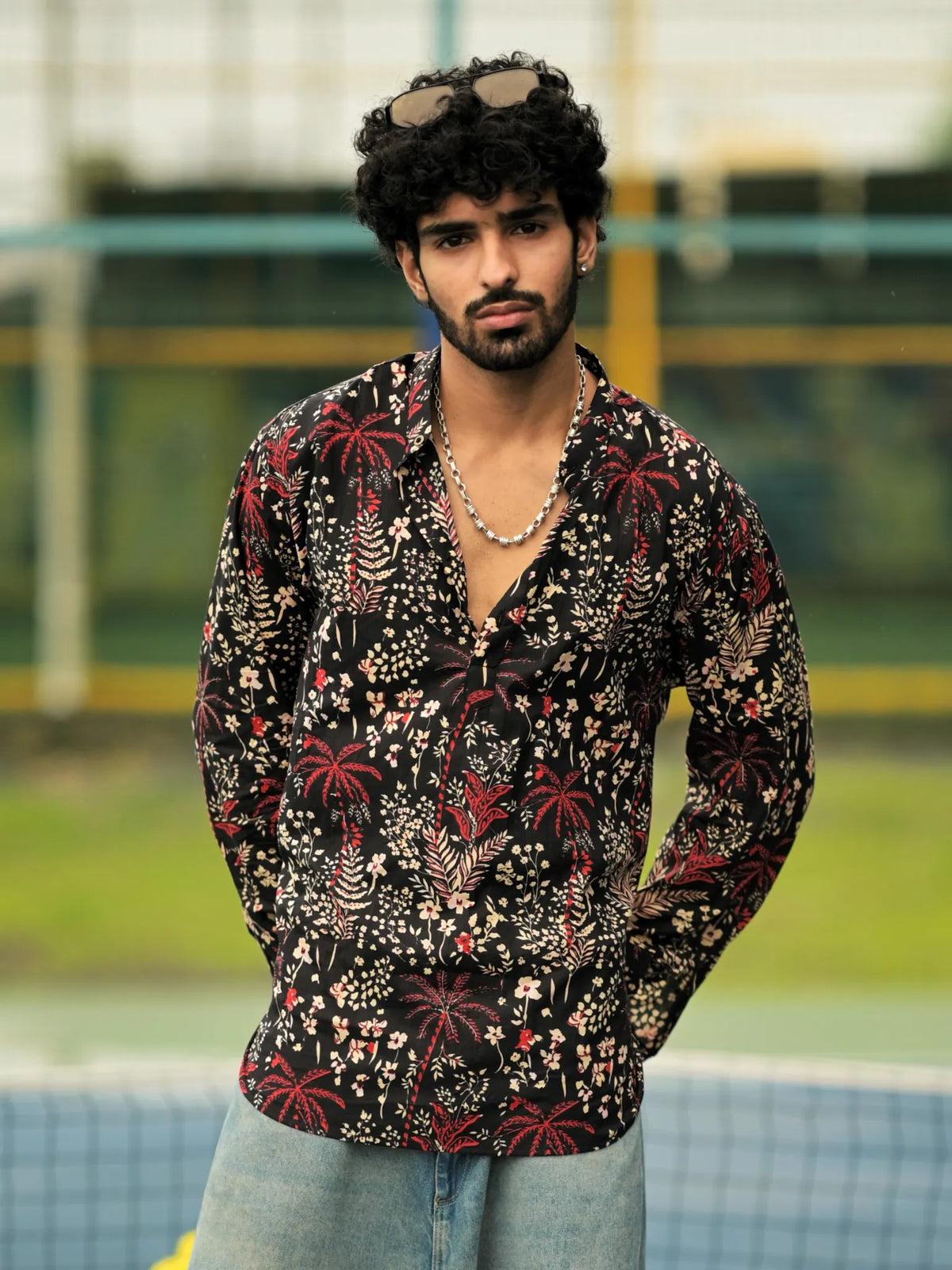 HUESFAB Black Palm Bloom Short Kurta