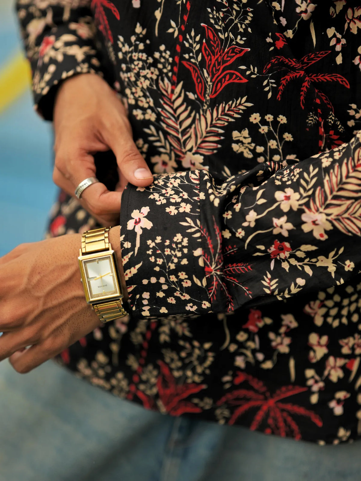HUESFAB Black Palm Bloom Short Kurta
