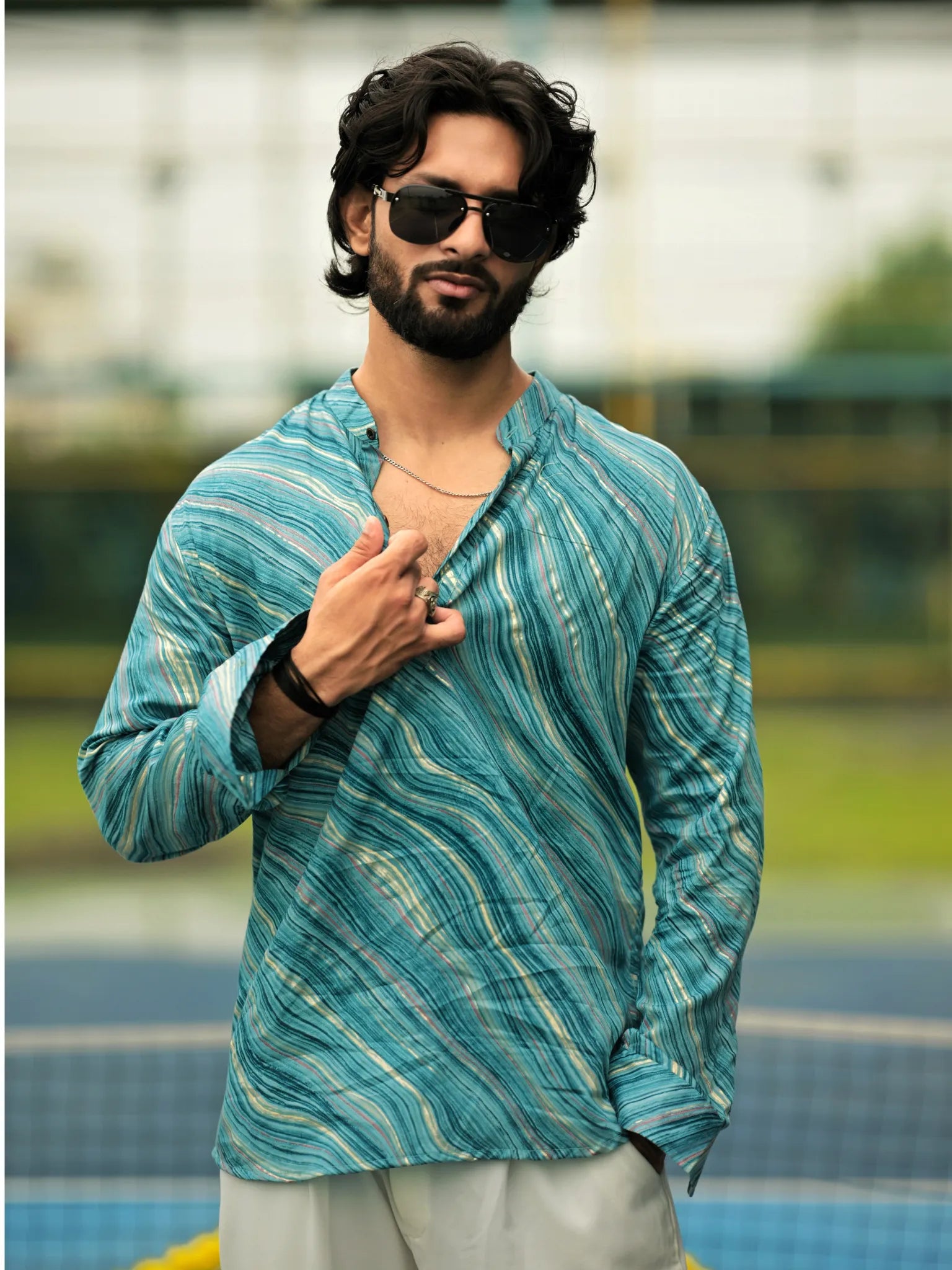 HUESFAB Aqua Blue Wave Short Kurta