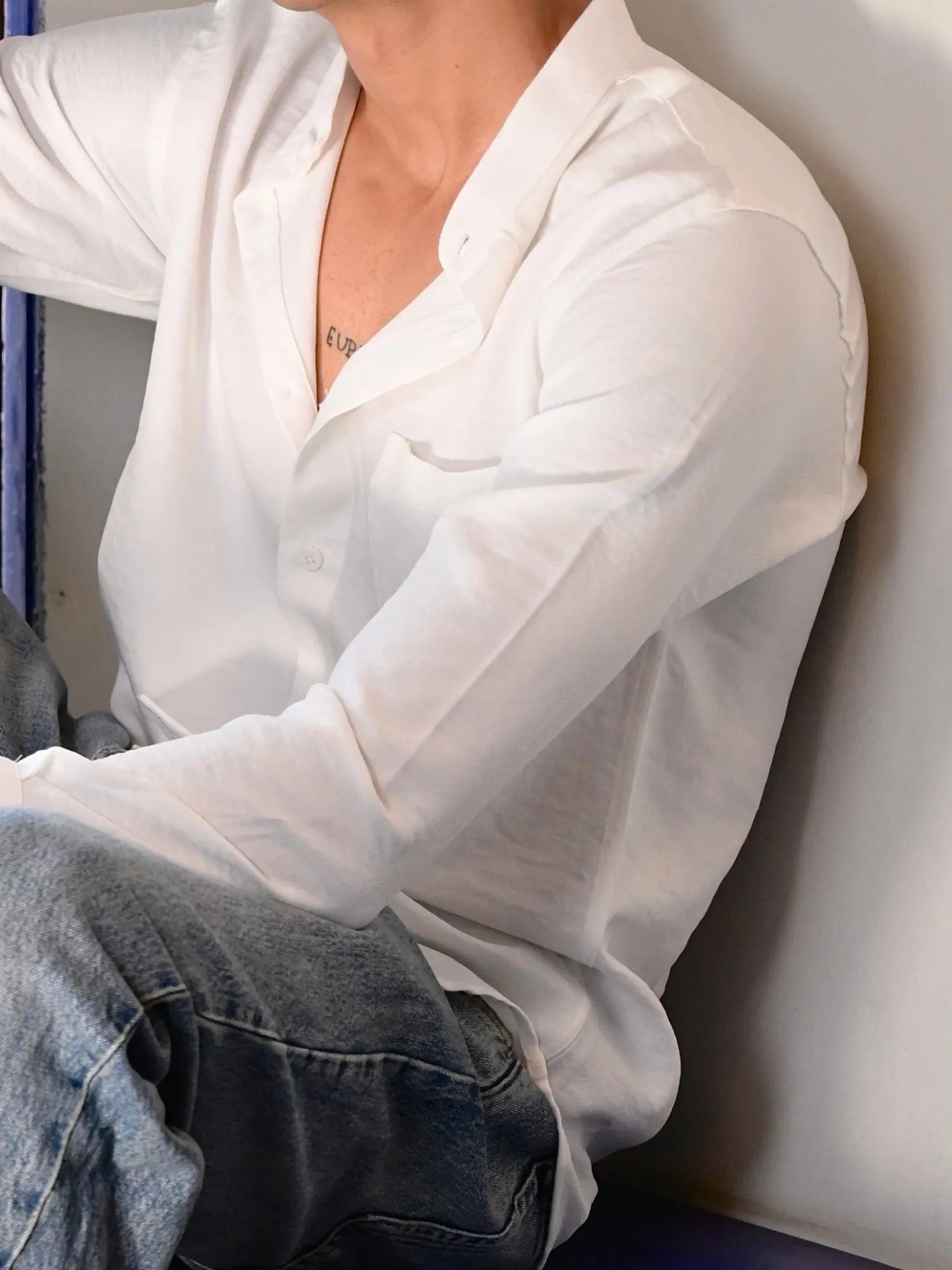 White Linen Blend Mandarin collar Full Sleeves Shirt