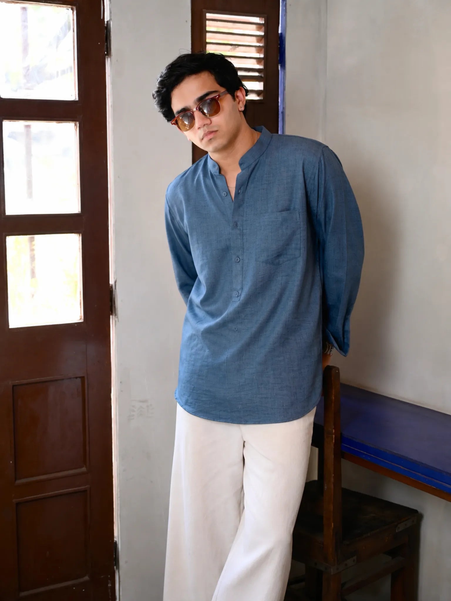 Blue Linen Matty Blend Short Kurta