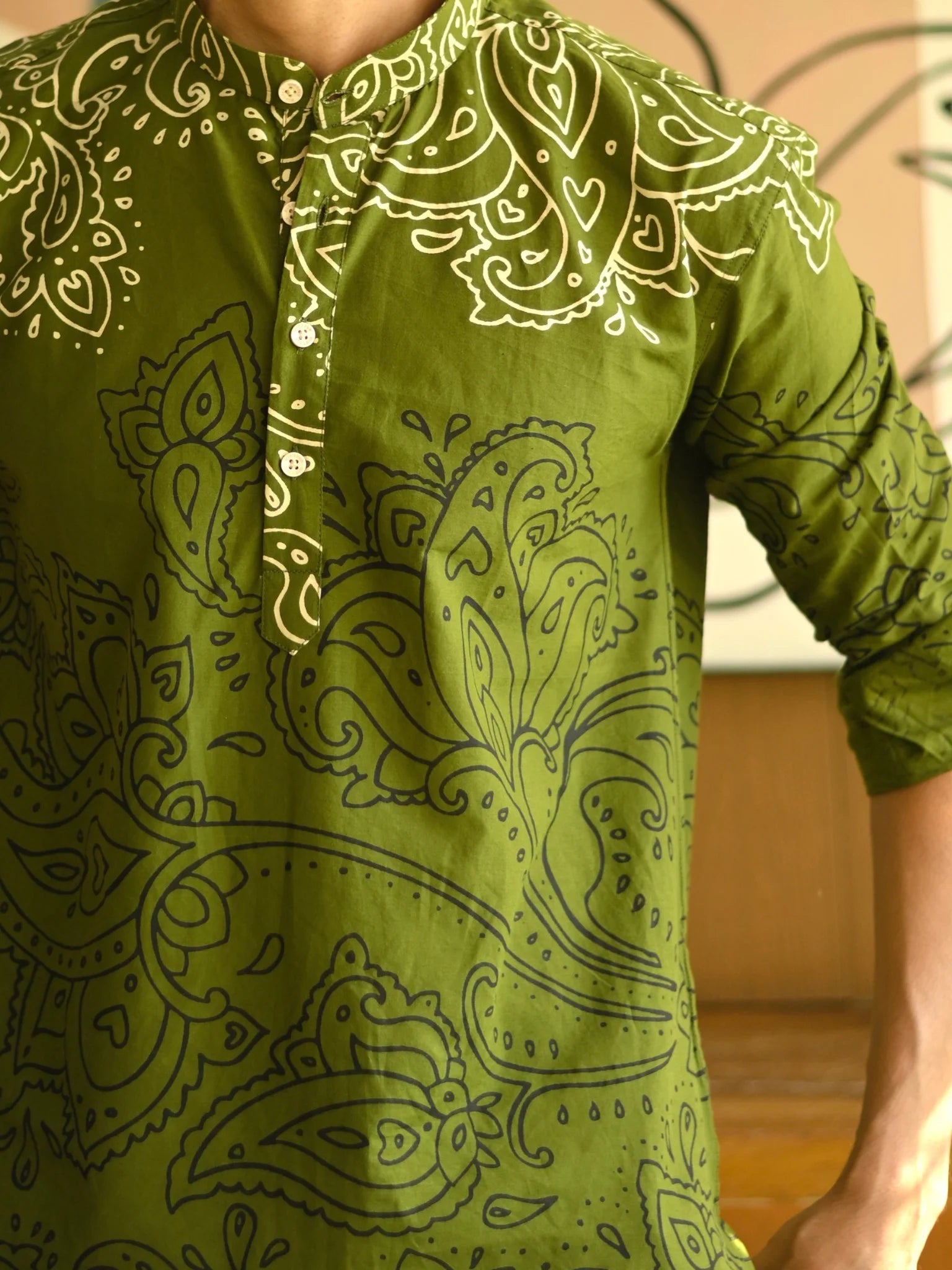Olive Black Paisley short kurta