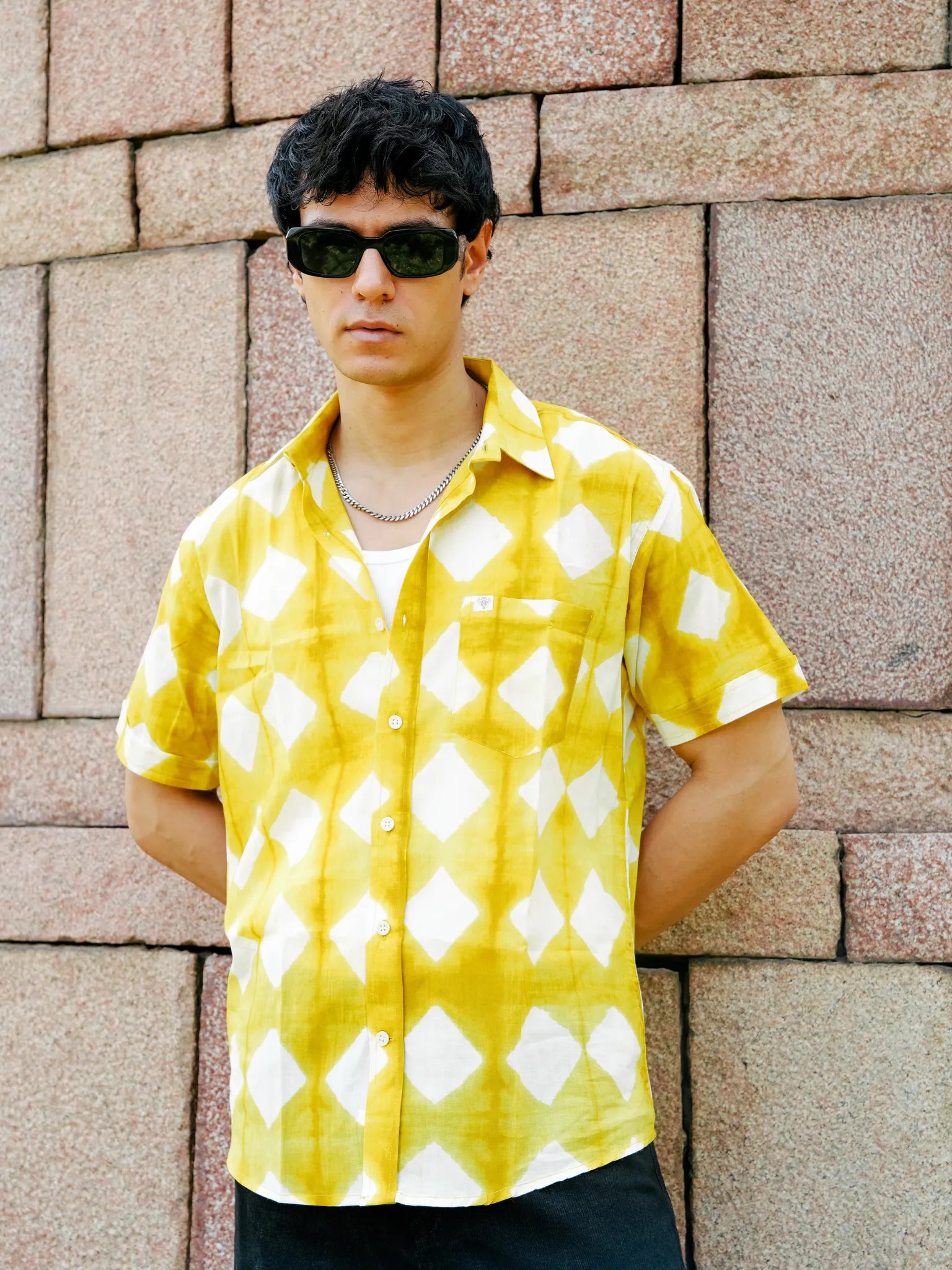 Yellow Block Art Half Sleeves Shirt