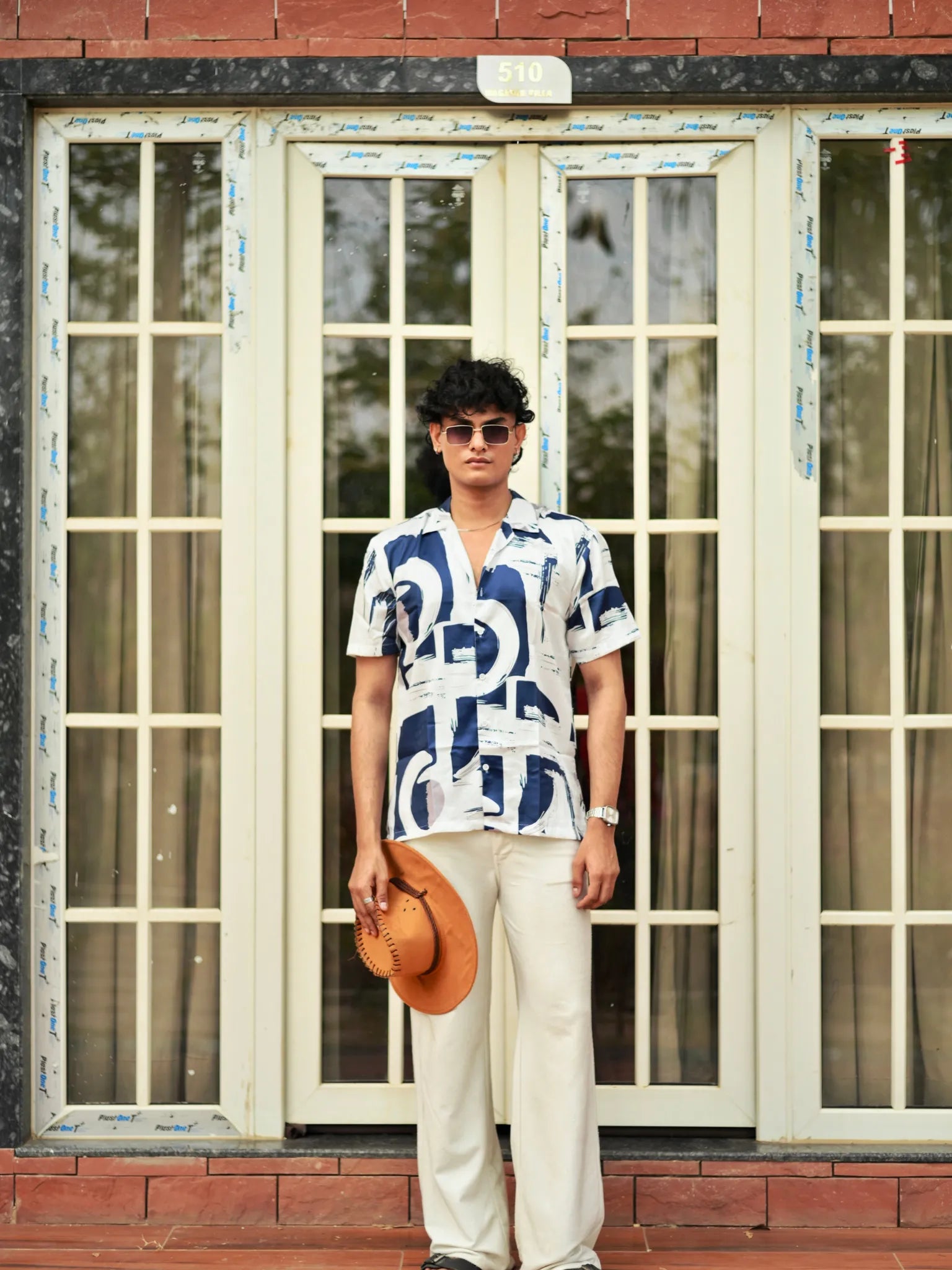 White – Blue Abstract Cuban Collar Resort Shirt