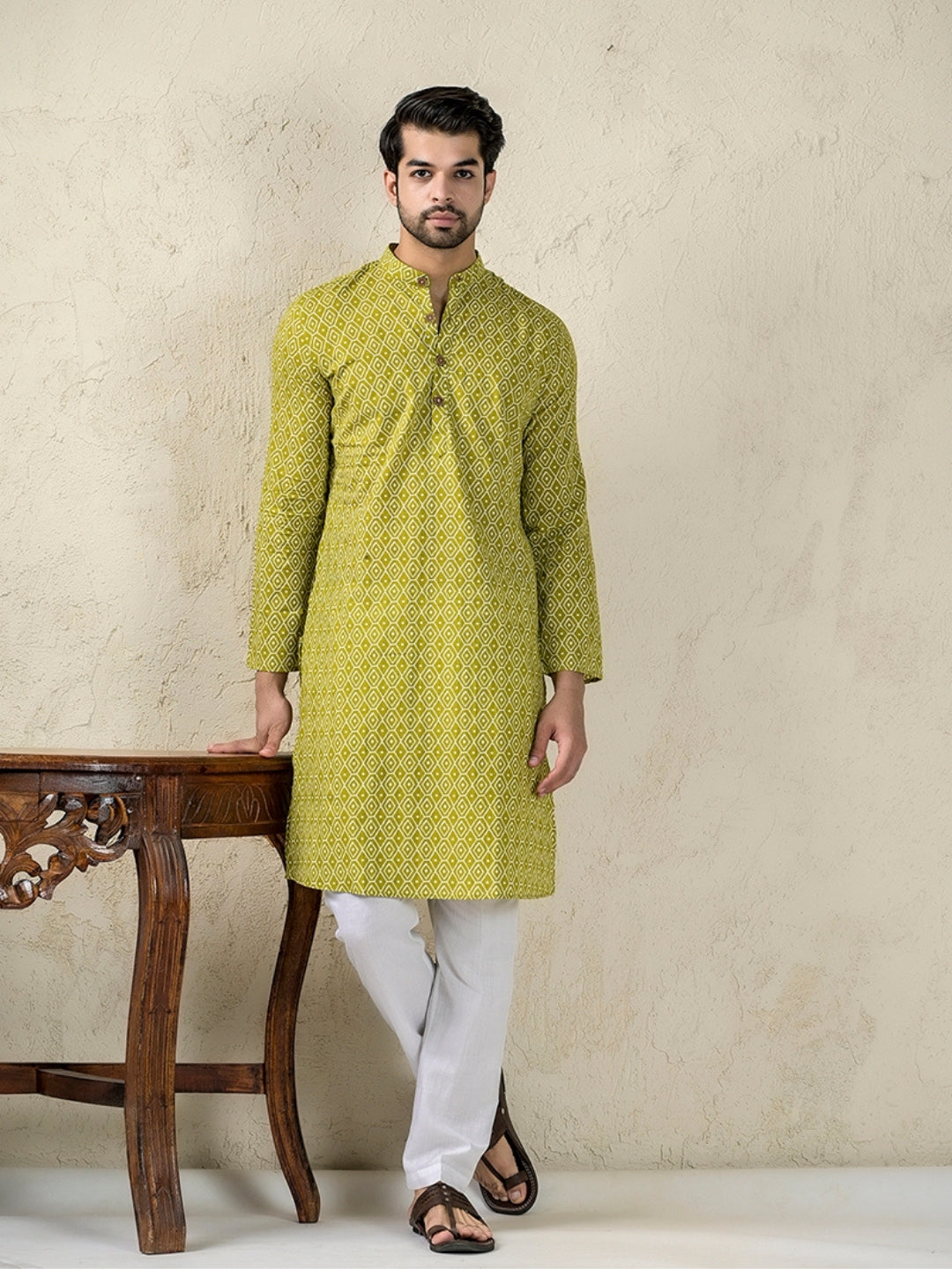 Green Block Printed Long Kurta & pyjama set