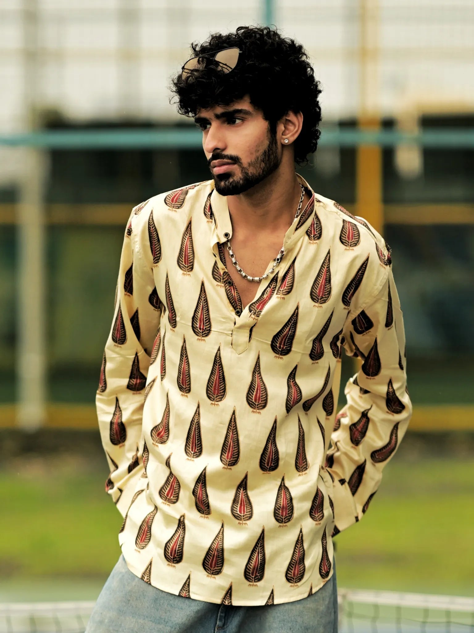 HUESFAB Cream Leaf Trail Short Kurta