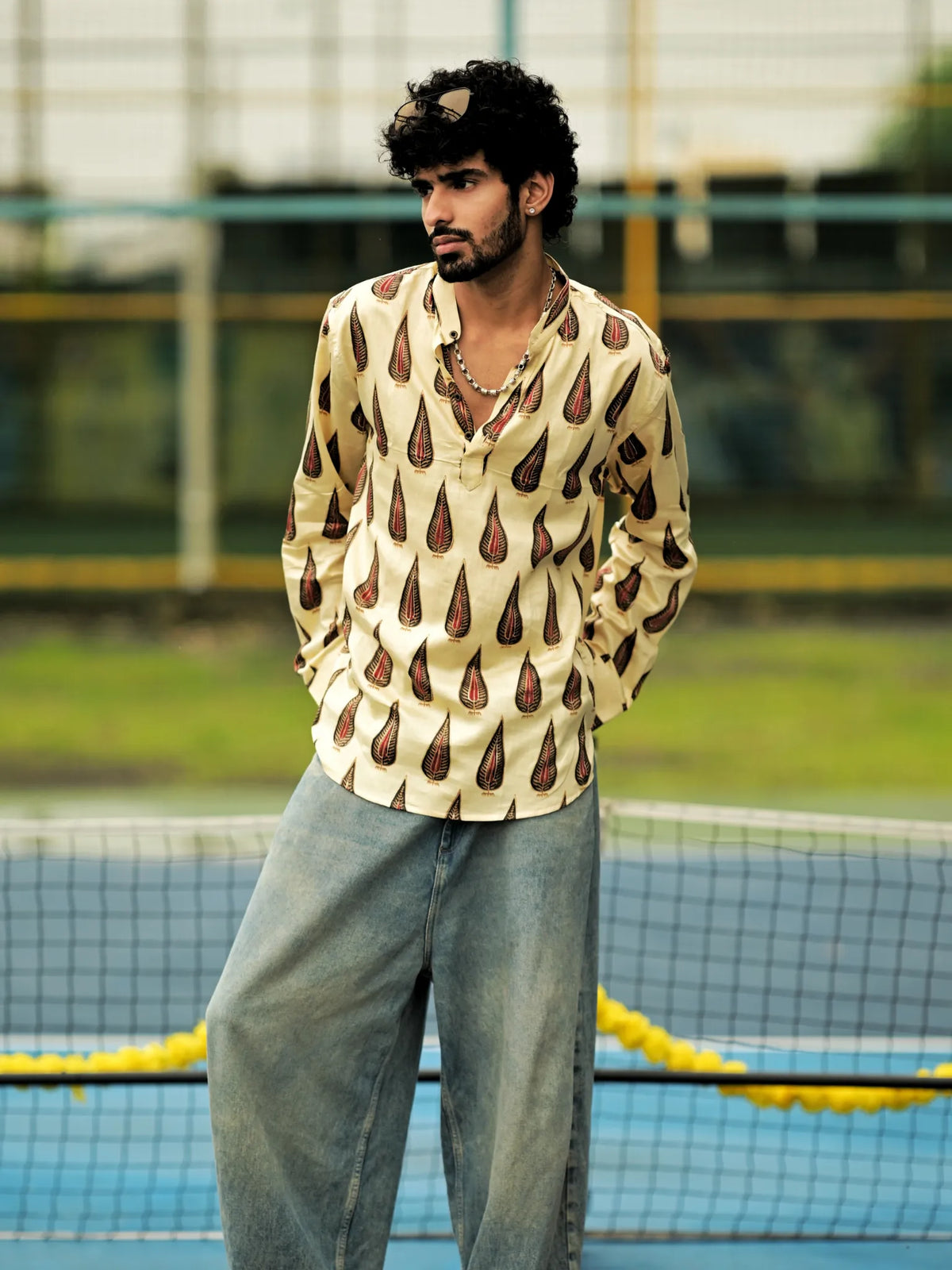 HUESFAB Cream Leaf Trail Short Kurta