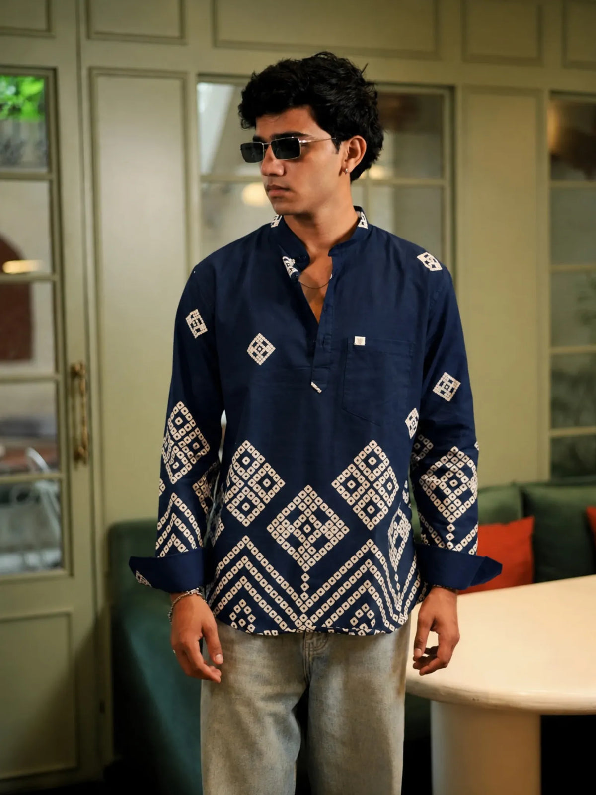 navy blue bandej placement short kurta