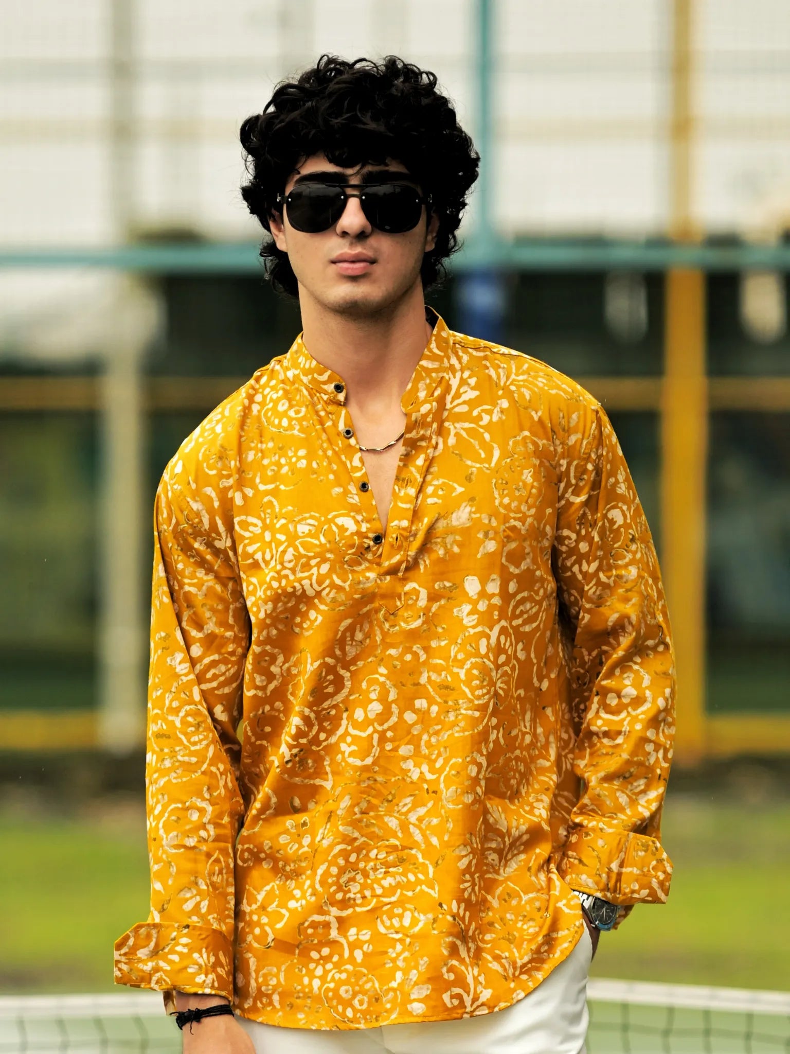 HUESFAB Mustard Gold Abstract Short Kurta