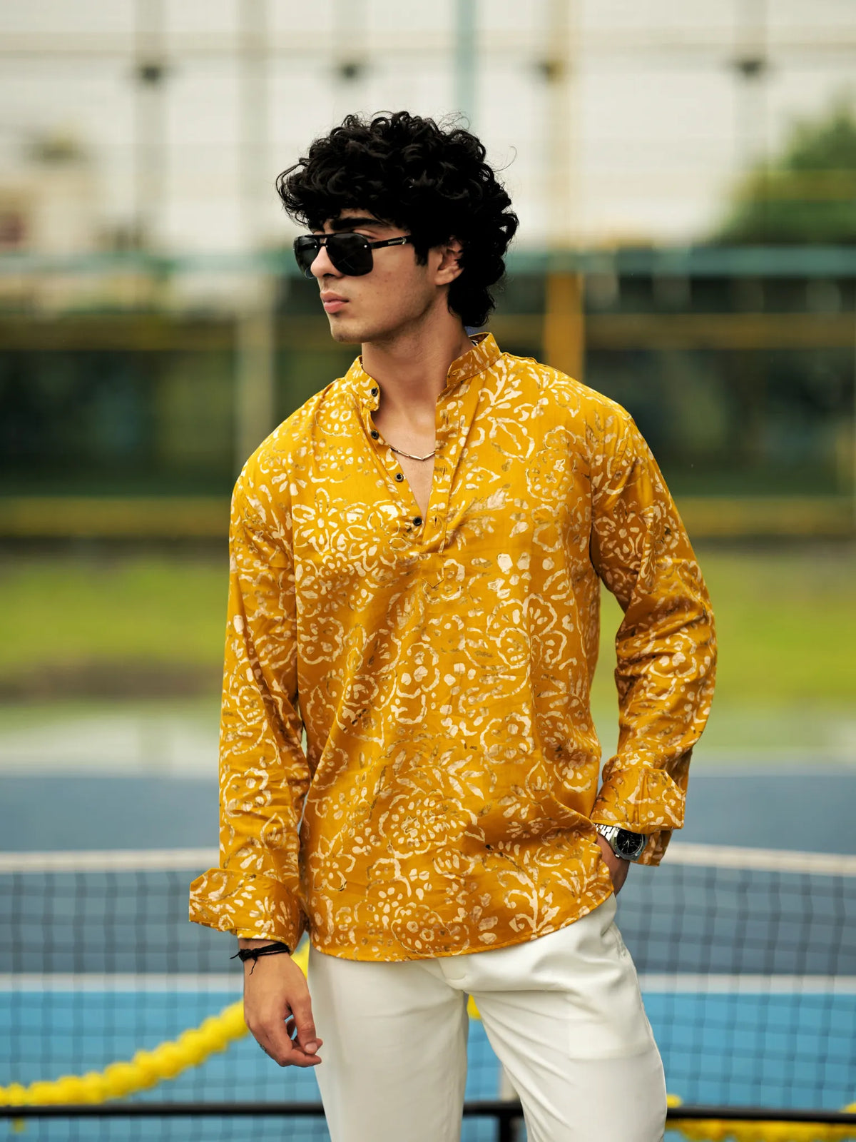 HUESFAB Mustard Gold Abstract Short Kurta