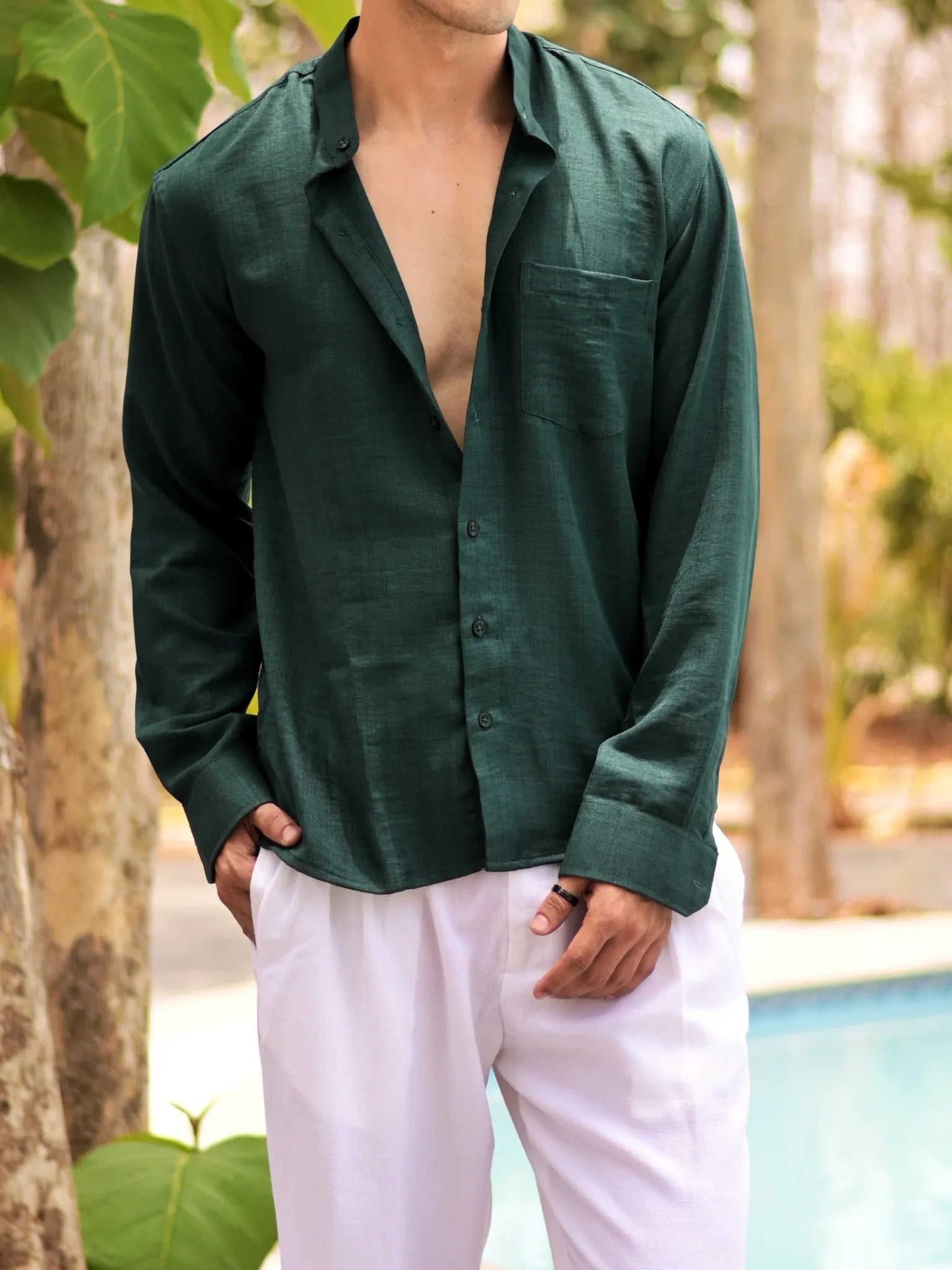Teal Linen Blend Mandarin collar Full Sleeves Shirt