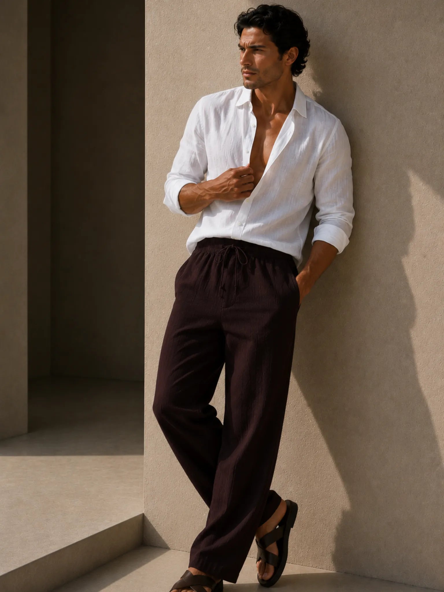 HUESFAB Men's Brown Straight Fit Linen Blend Pants