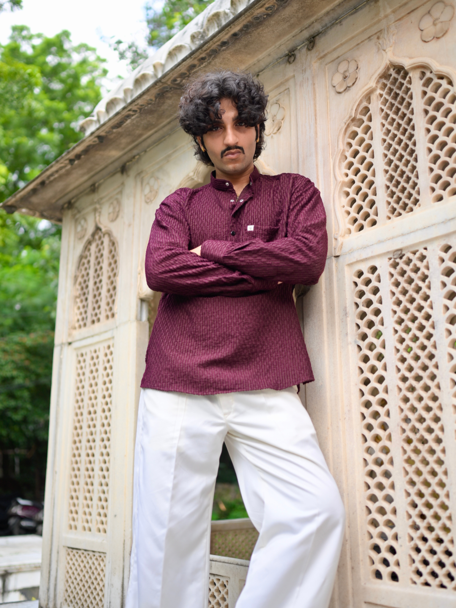 Maroon Texture Weave Short Kurta