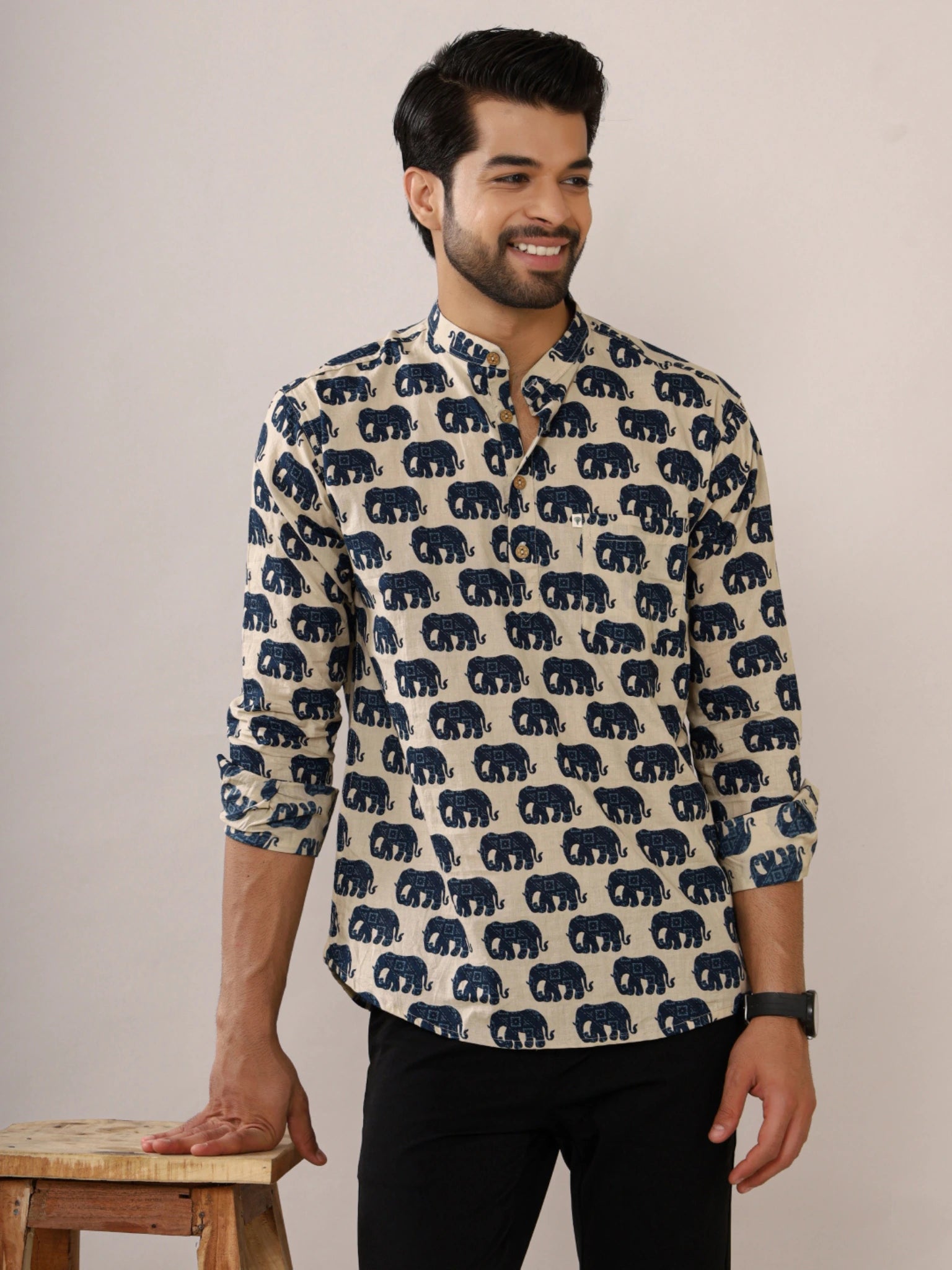 cream blue elephant printed short kurta