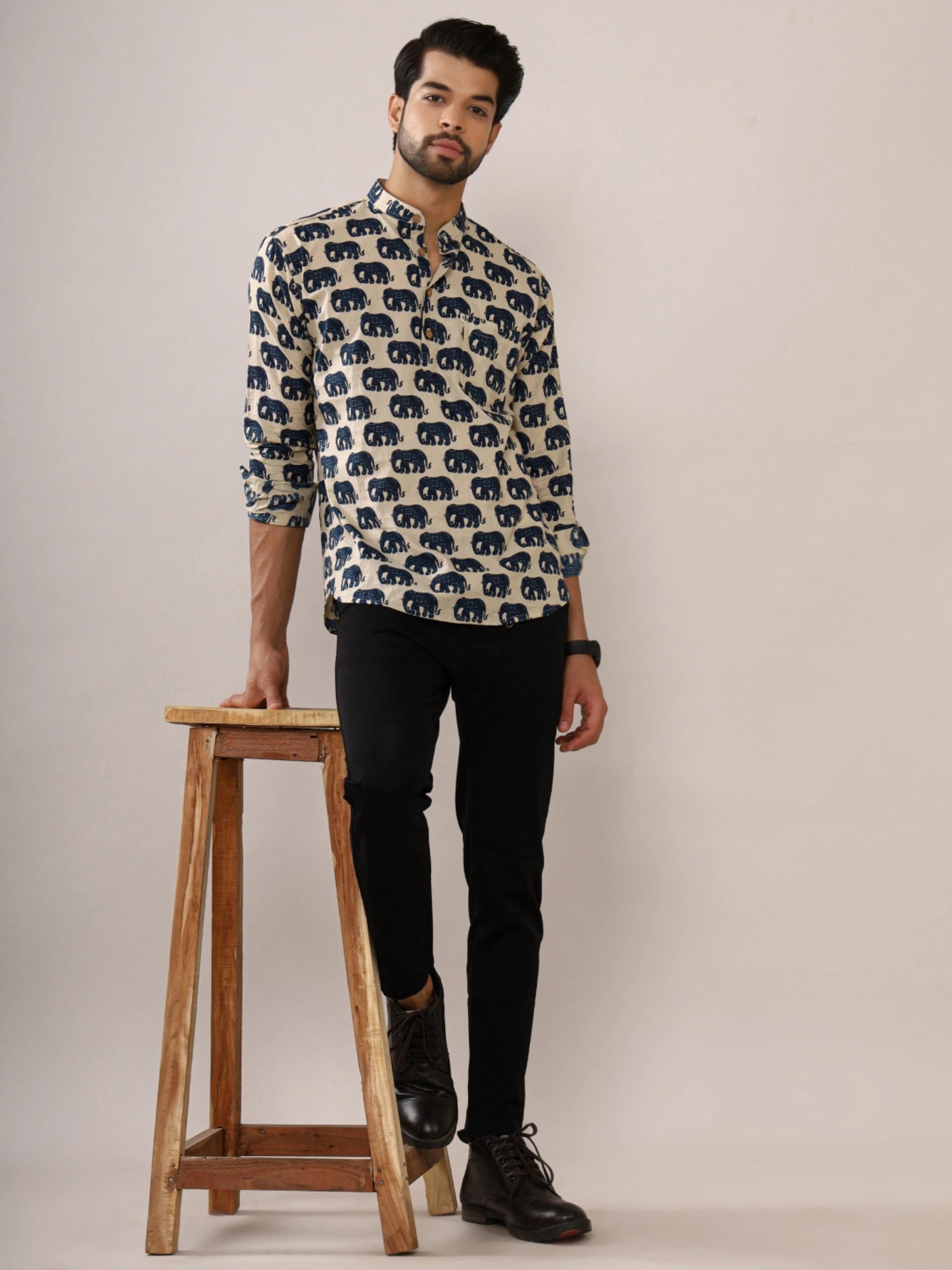 cream blue elephant printed short kurta