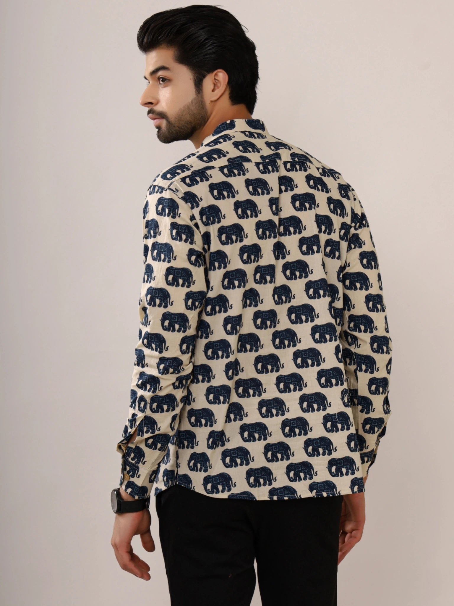 cream blue elephant printed short kurta