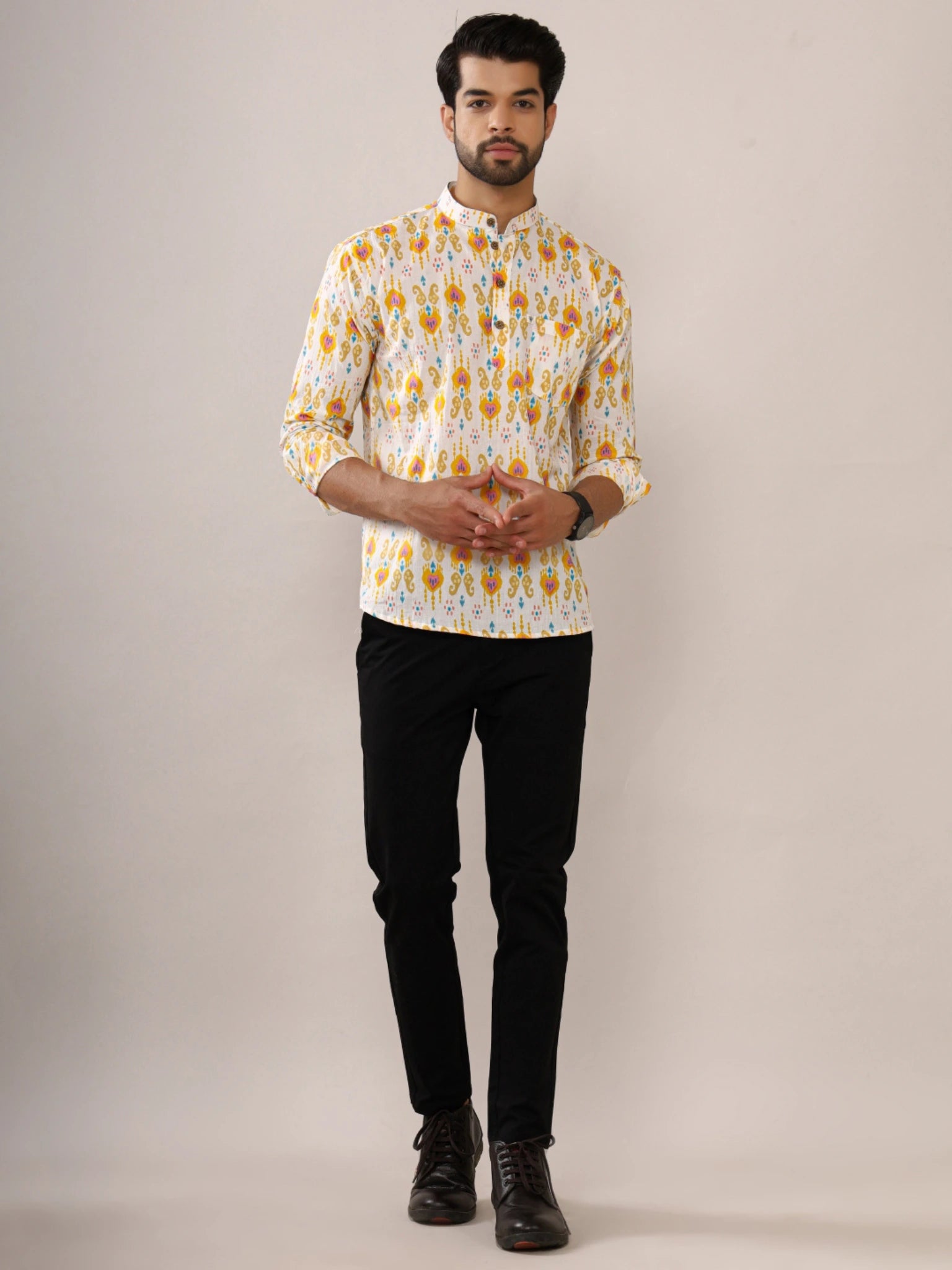 yellow-white ikat short kurta
