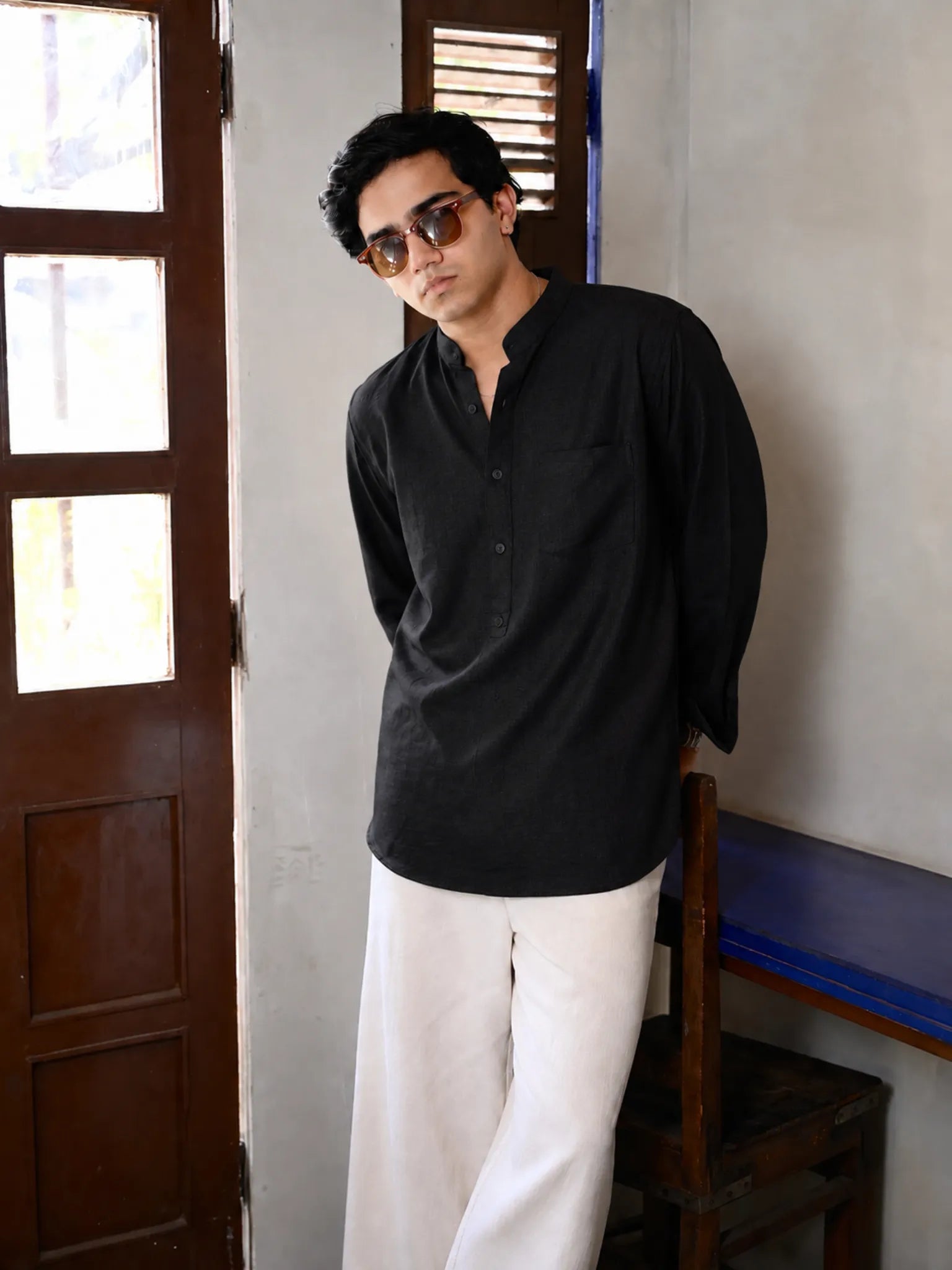 Black Linen Matty Blend Short Kurta