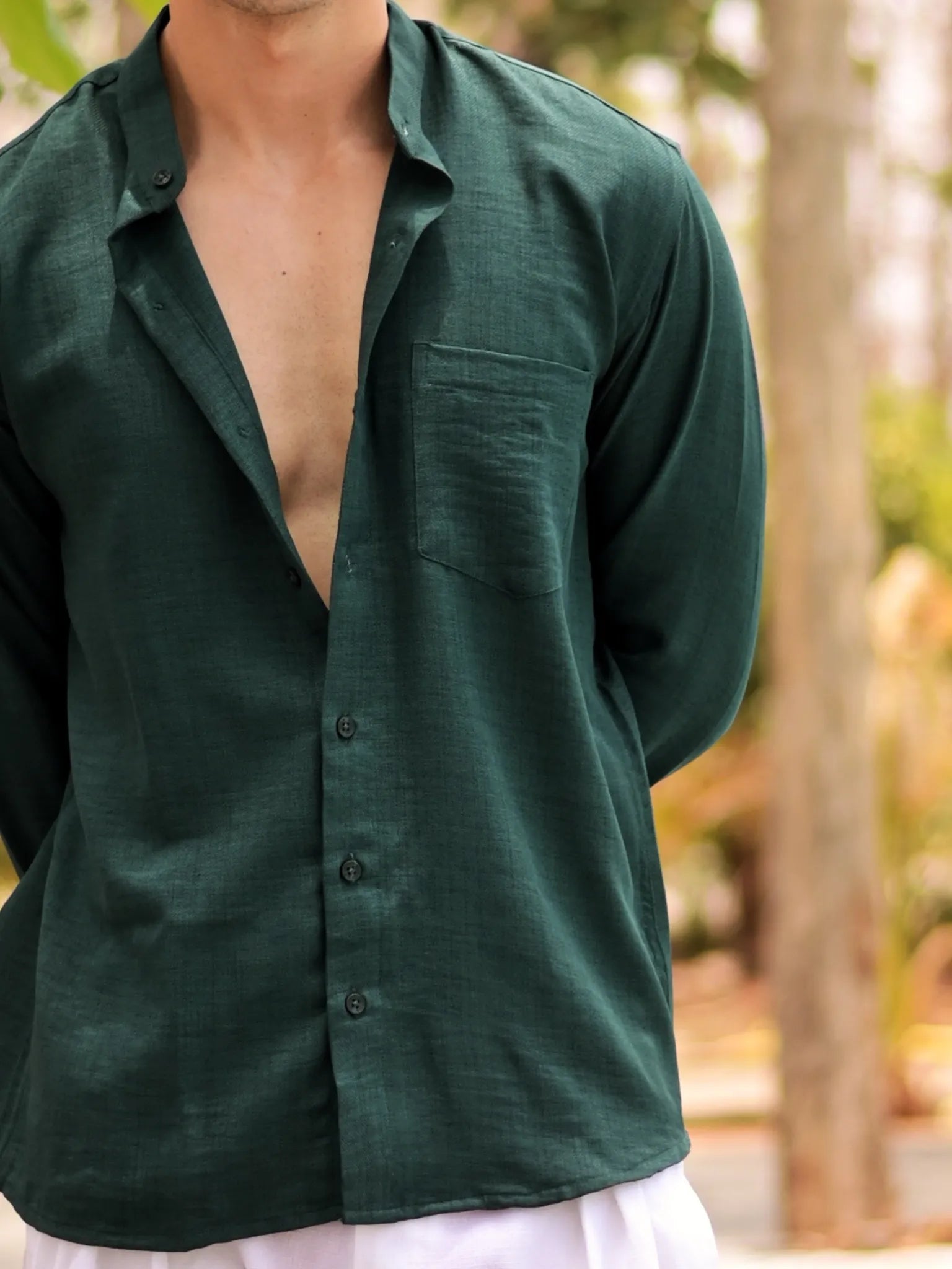 Teal Linen Blend Mandarin collar Full Sleeves Shirt