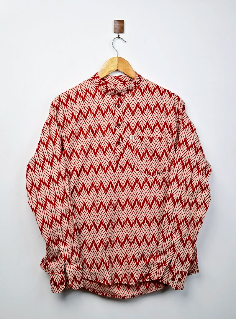 Red Cream Leaf Printed short kurta