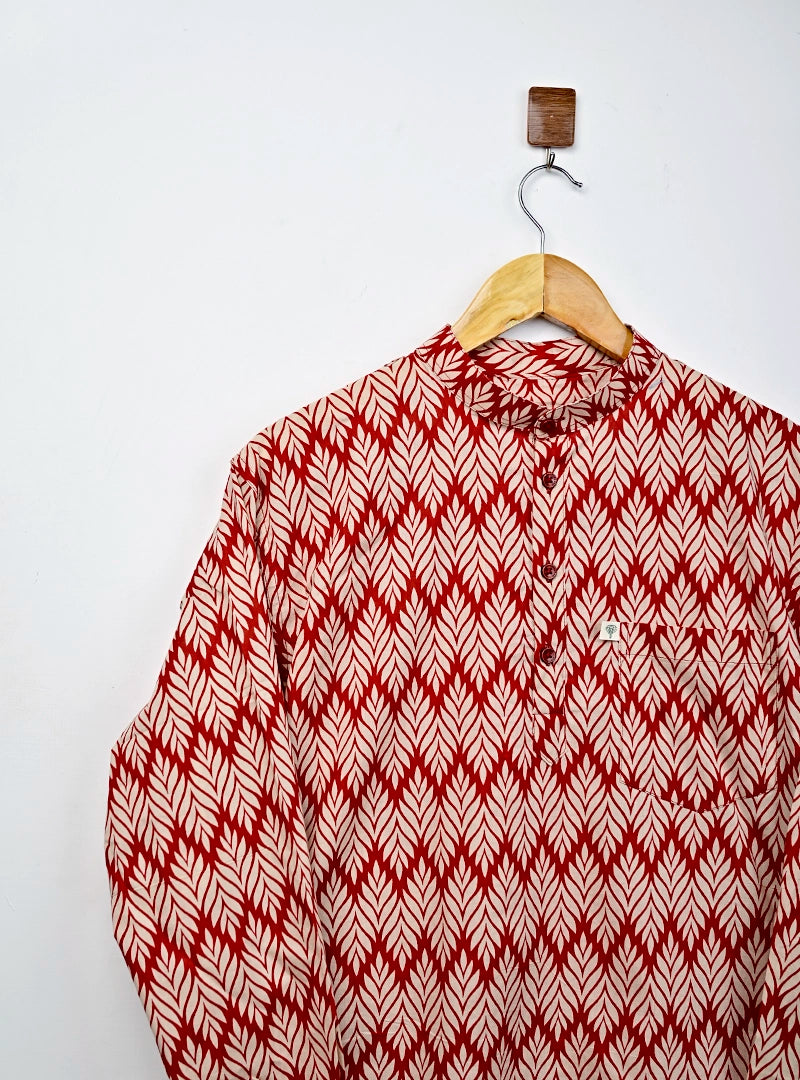 Red Cream Leaf Printed short kurta