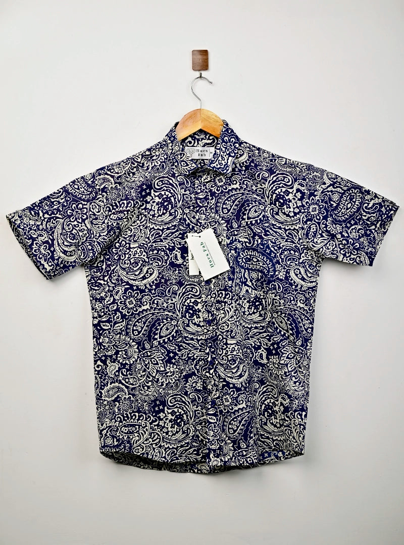 Navy Blue Cream Paisley Half Sleeves Shirt