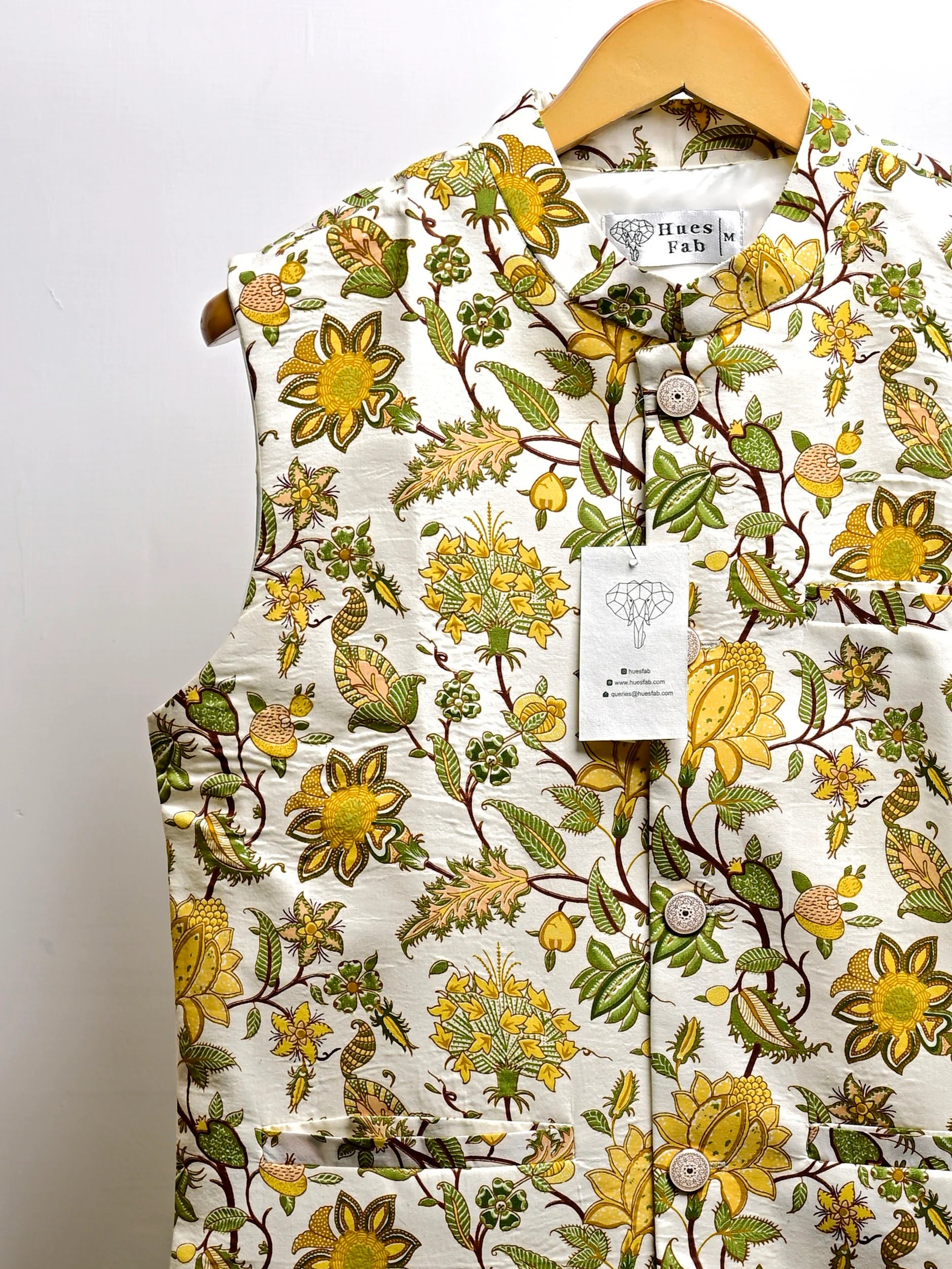 White Yellow Floral Block Printed Nehru Jacket