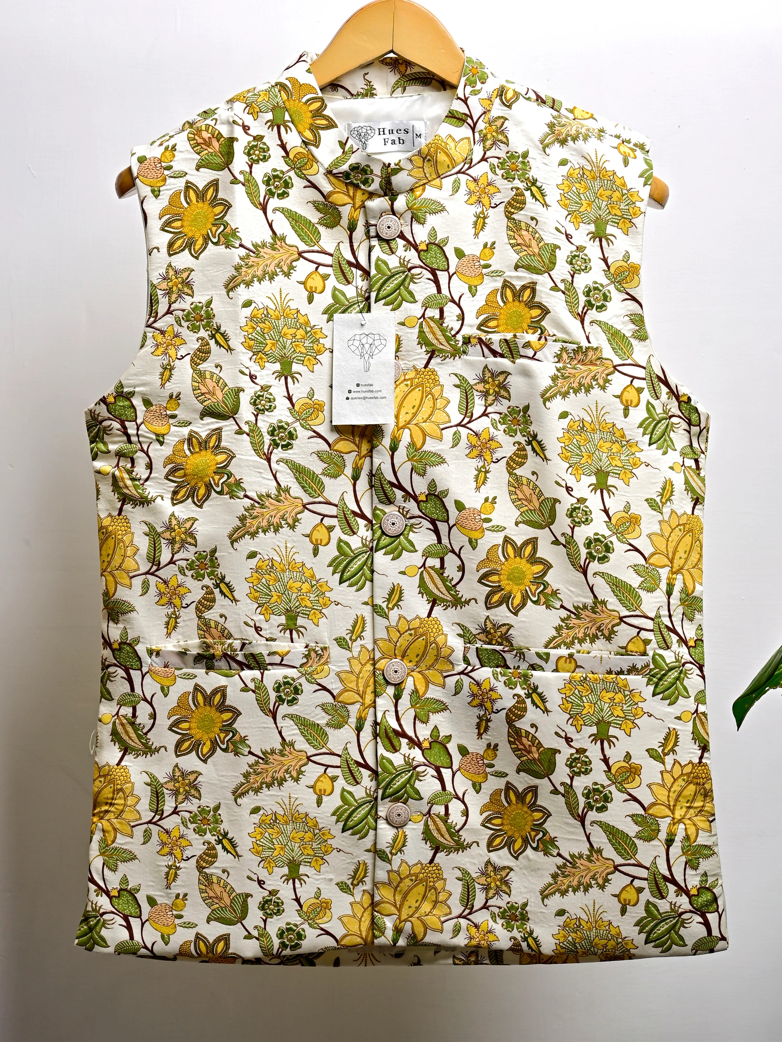 White Yellow Floral Block Printed Nehru Jacket