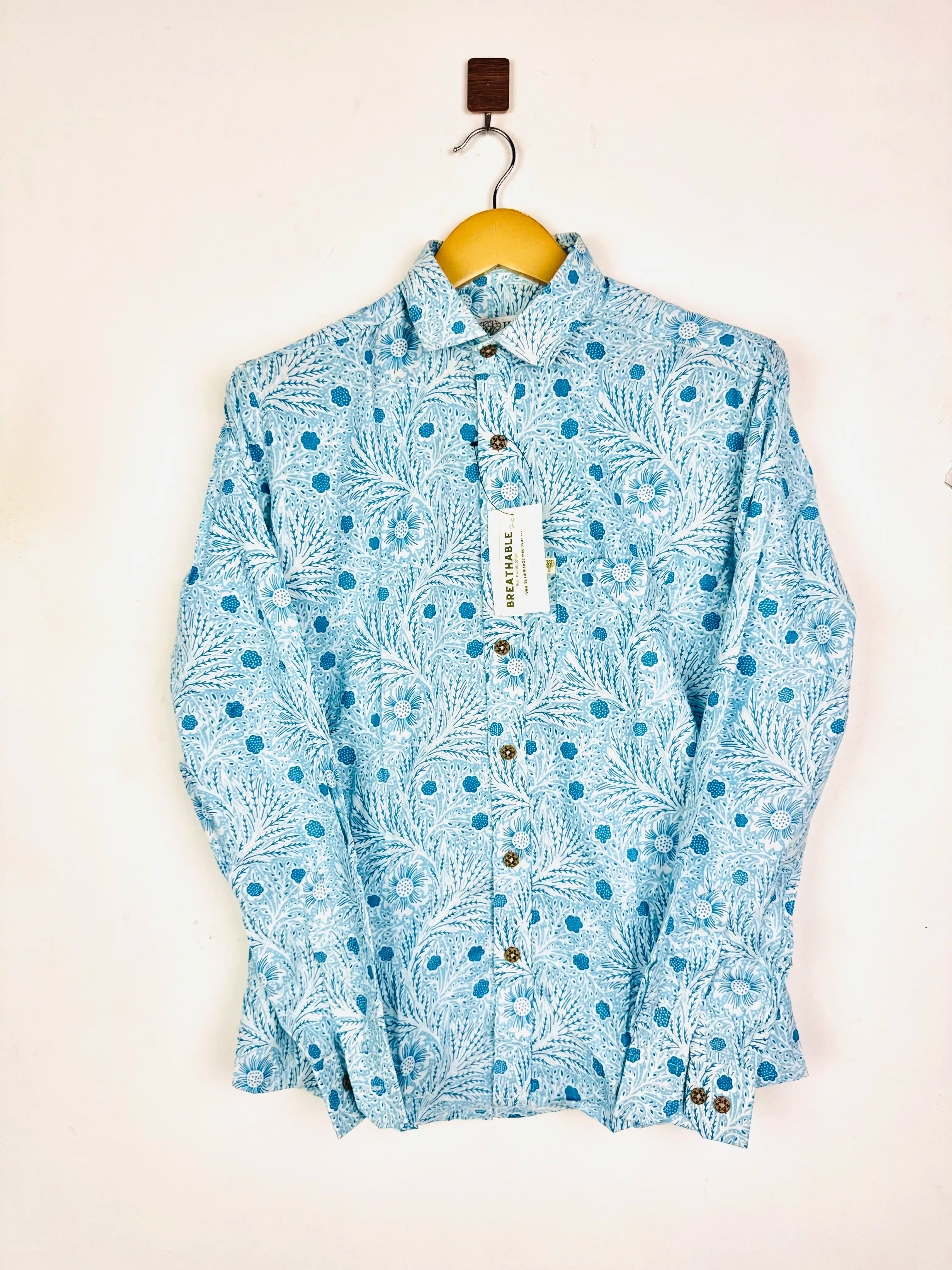 Sky Blue Flowers Printed Full Sleeves Shirt