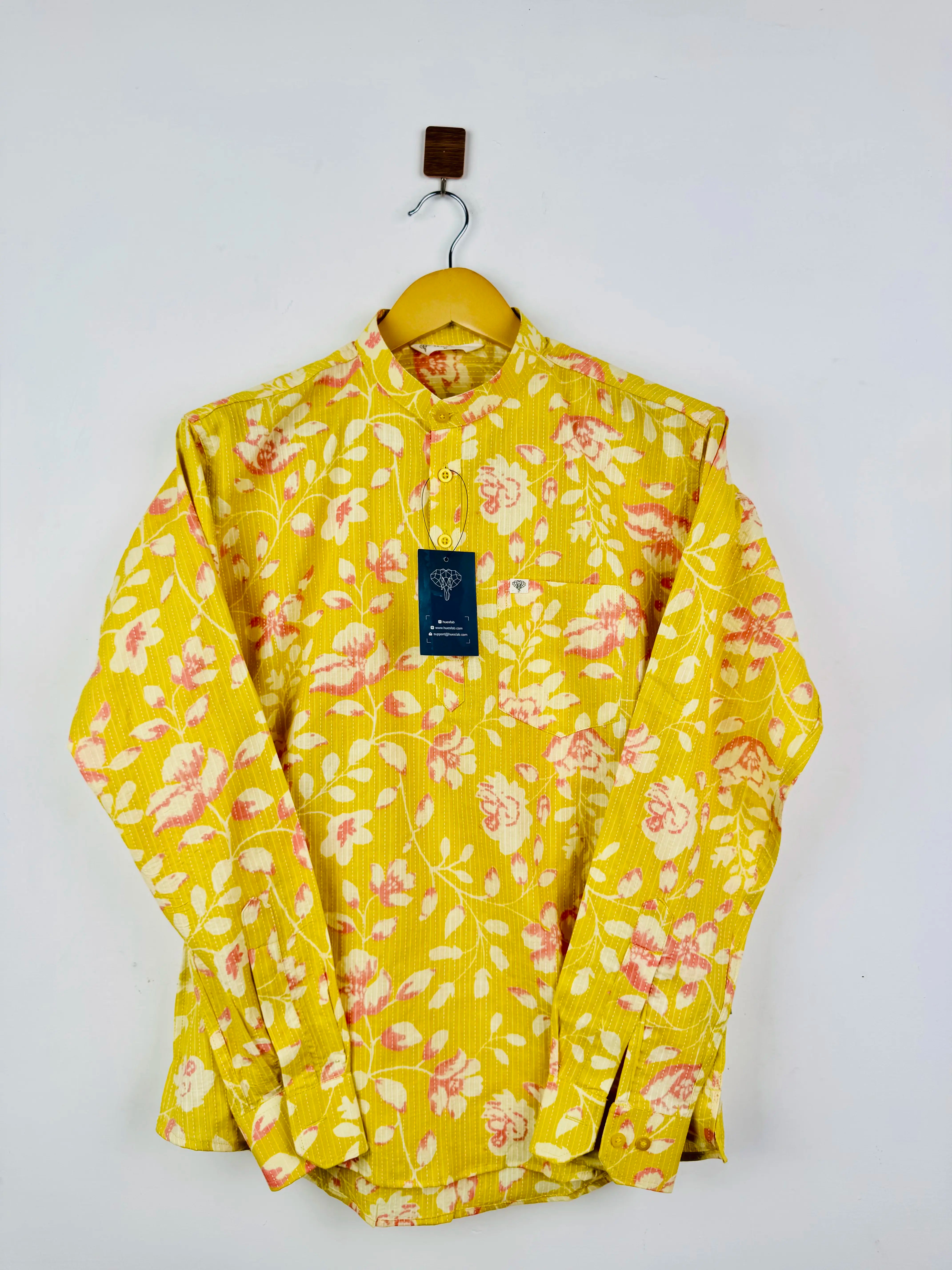 Yellow Floral Kantha Printed Short Kurta
