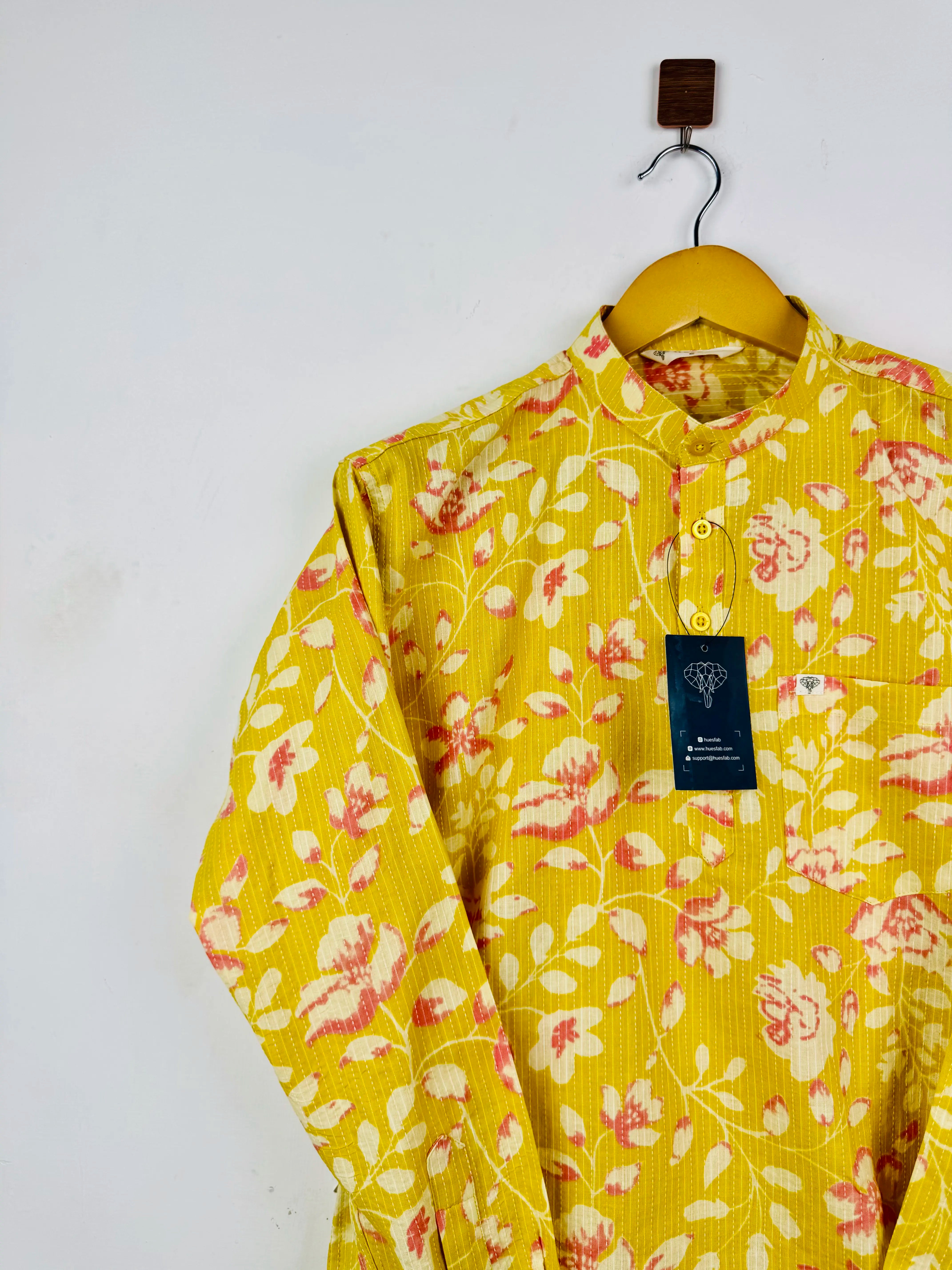 Yellow Floral Kantha Printed Short Kurta