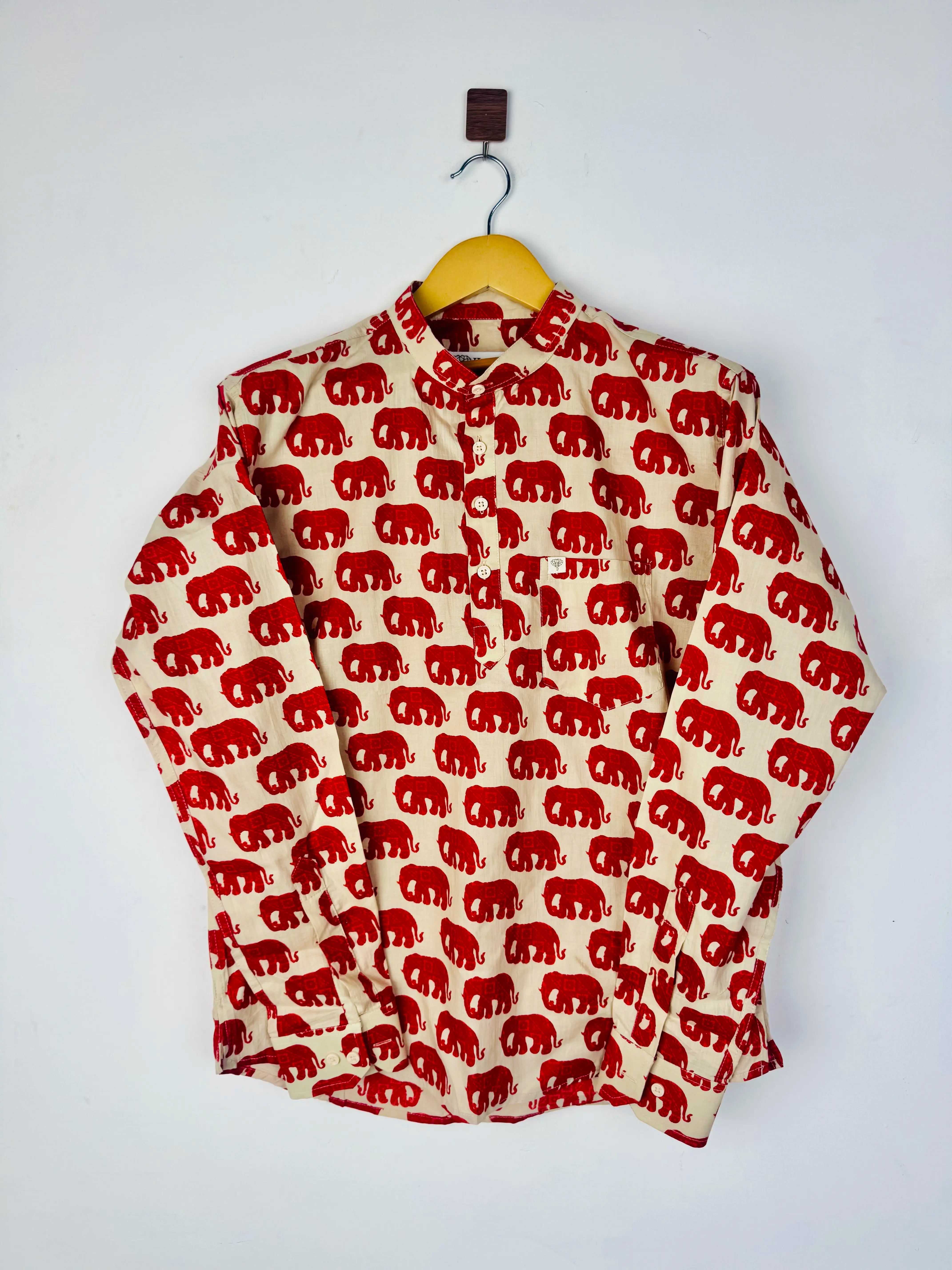 Cream Red Elephant short kurta