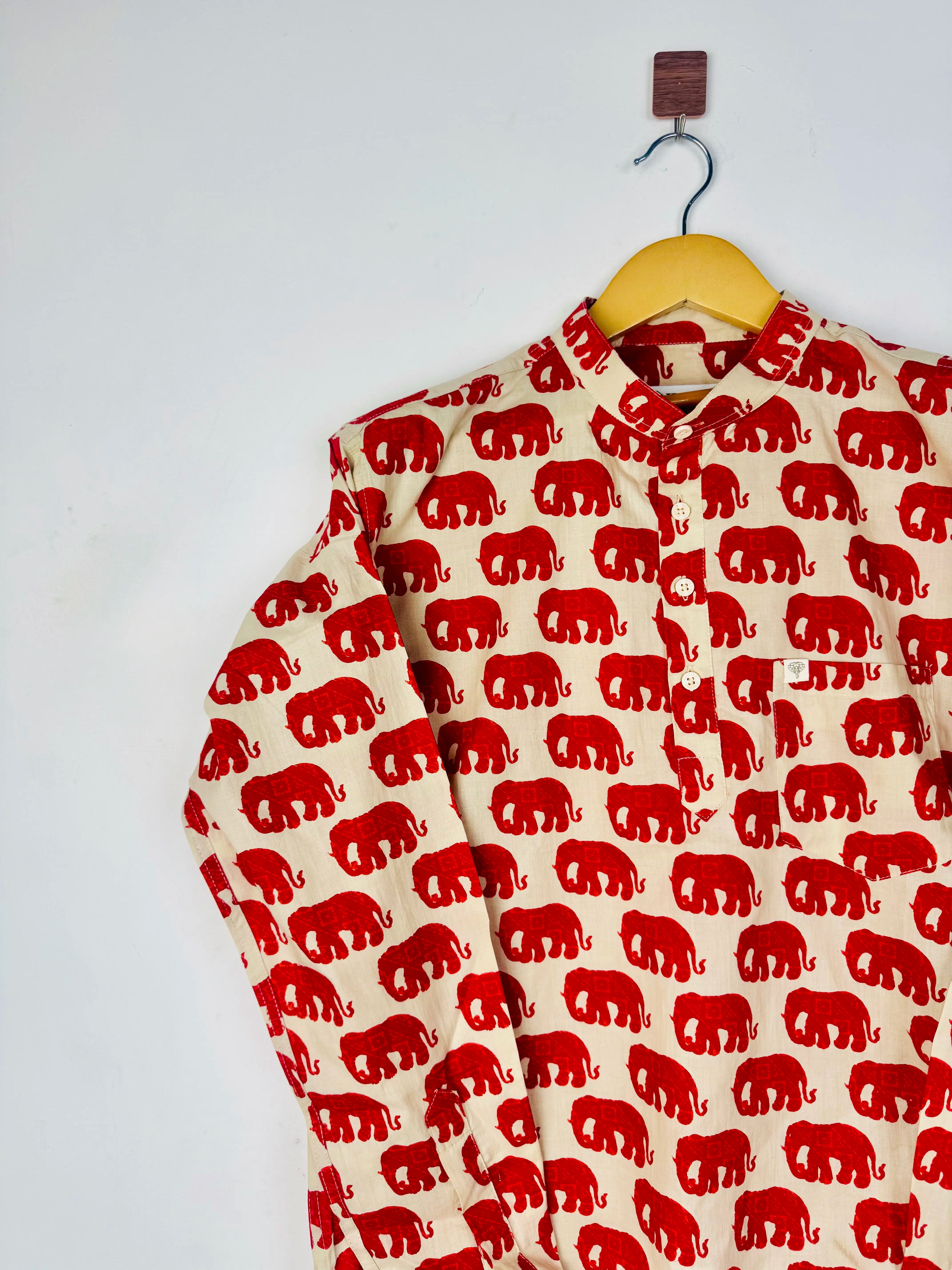 Cream Red Elephant short kurta