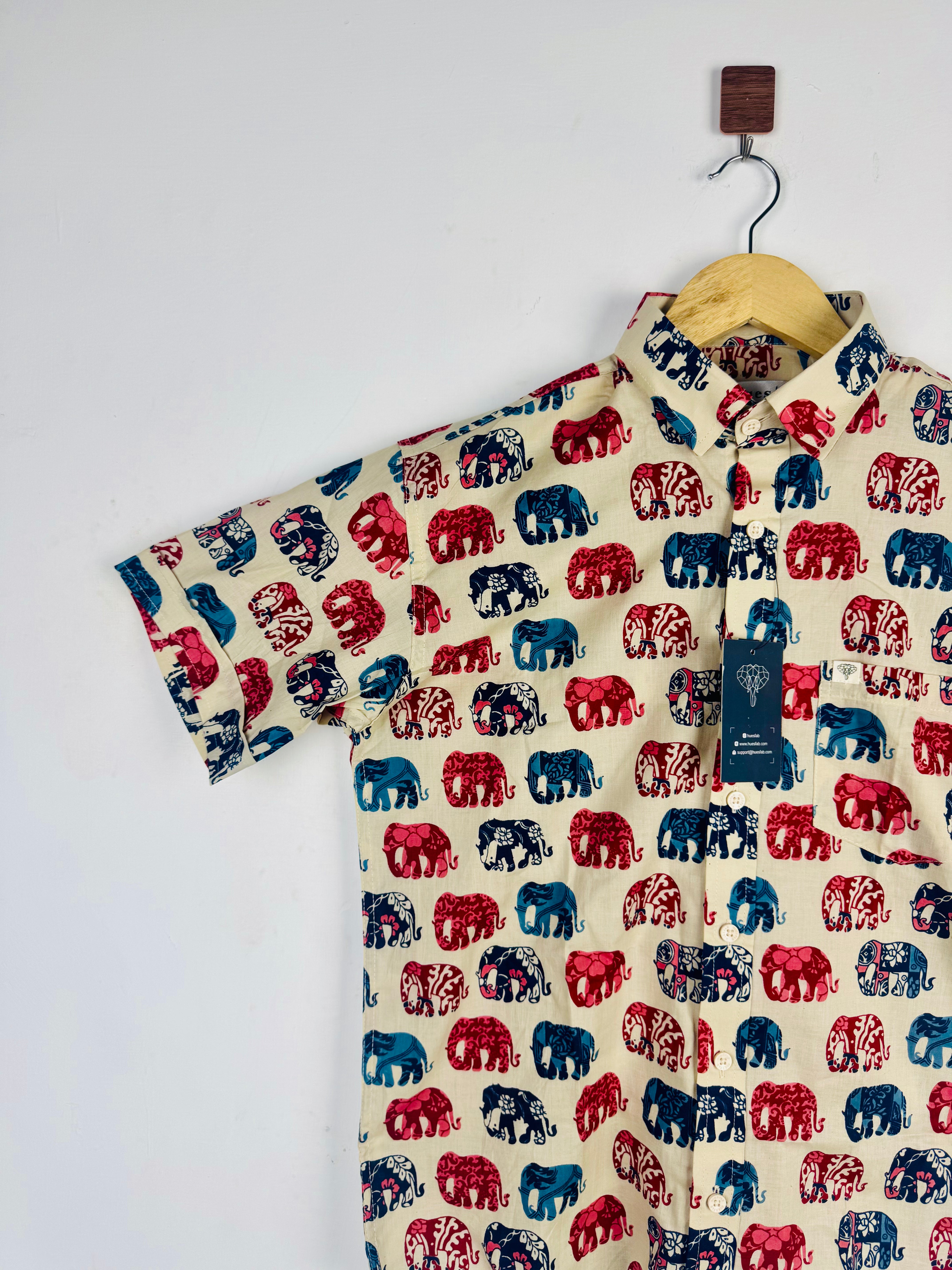 Cream Blue/Red Elephant Half Sleeves Shirt