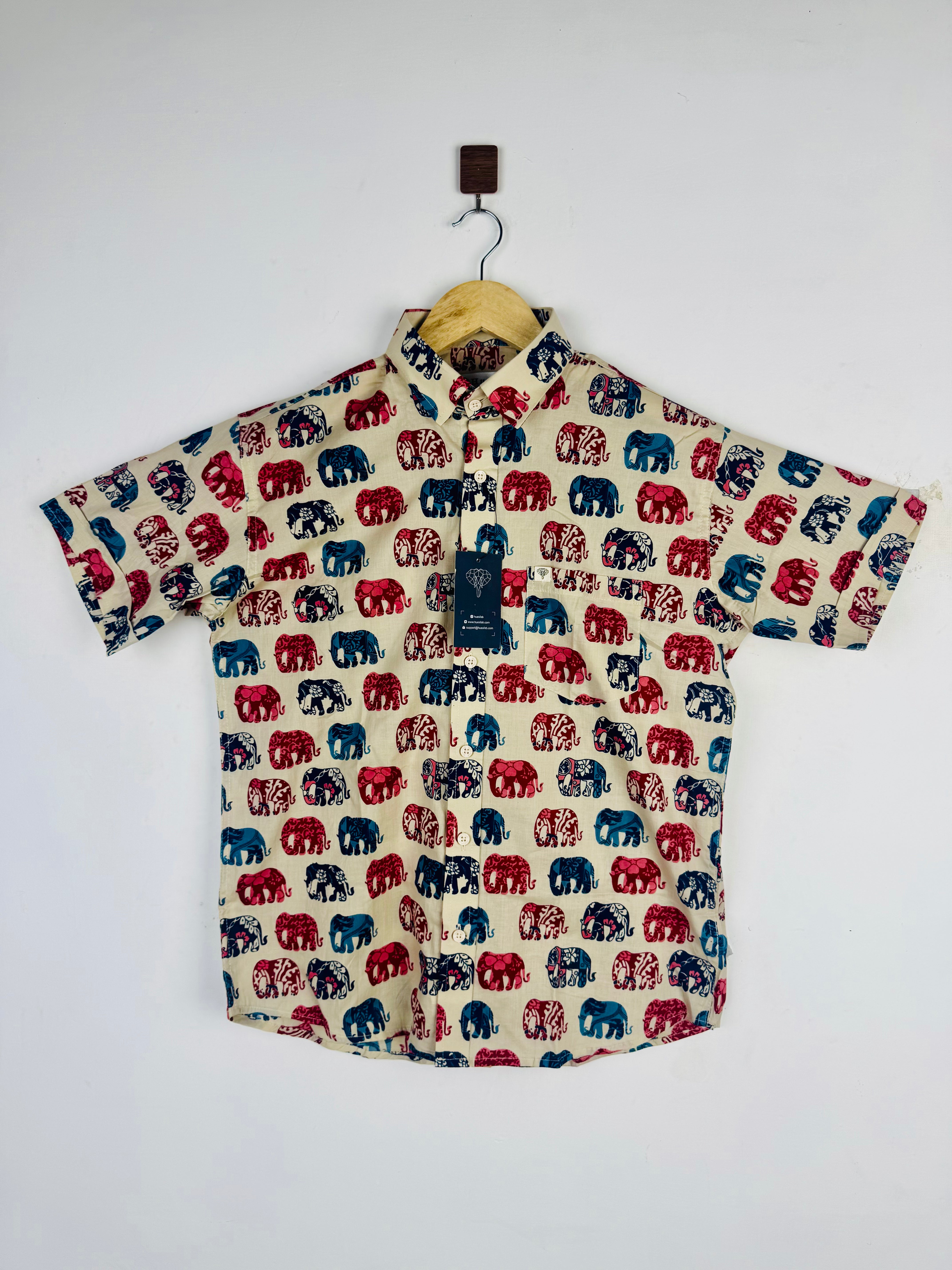 Cream Blue/Red Elephant Half Sleeves Shirt