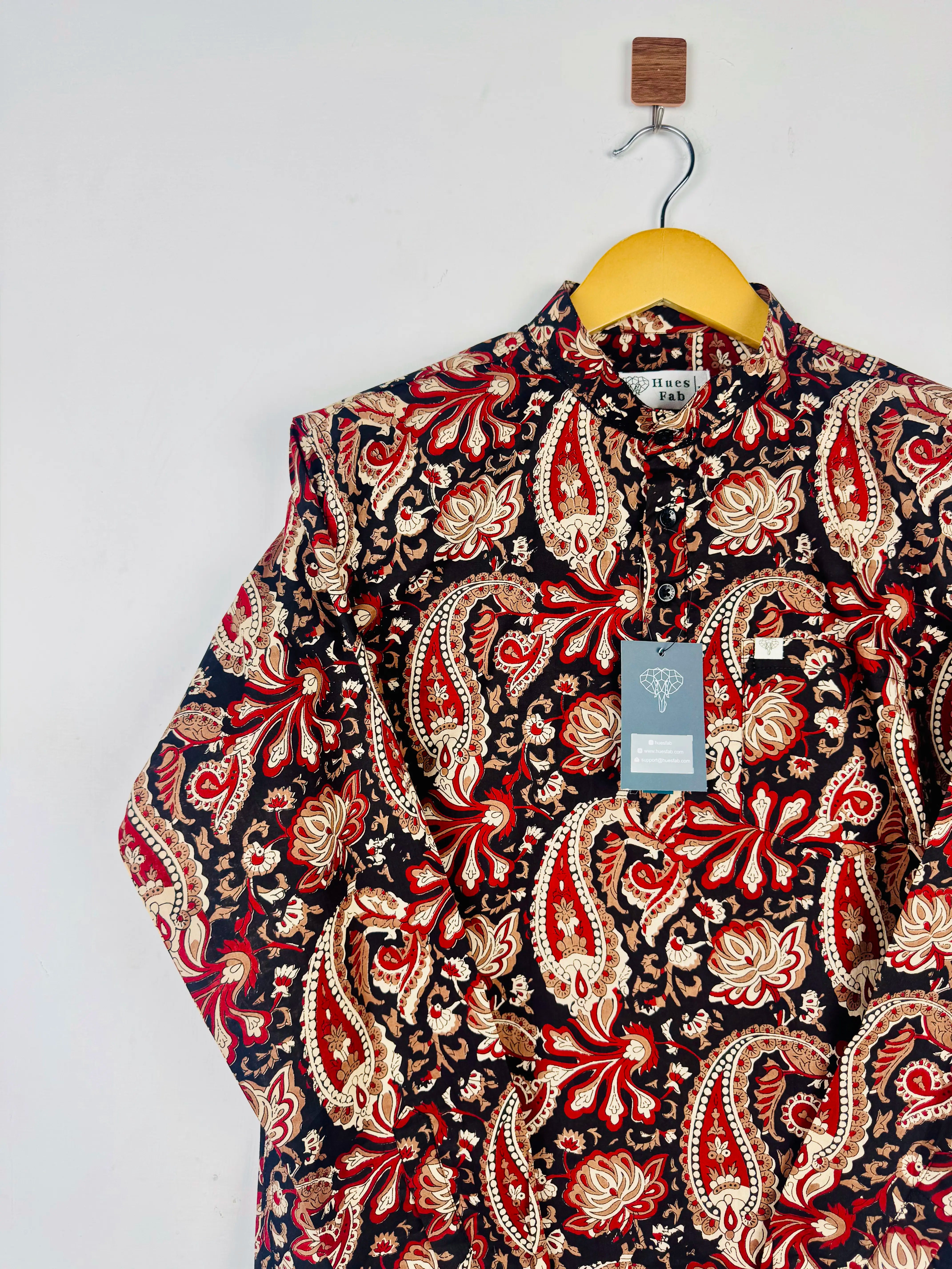 Black Red Paisley Printed Short Kurta