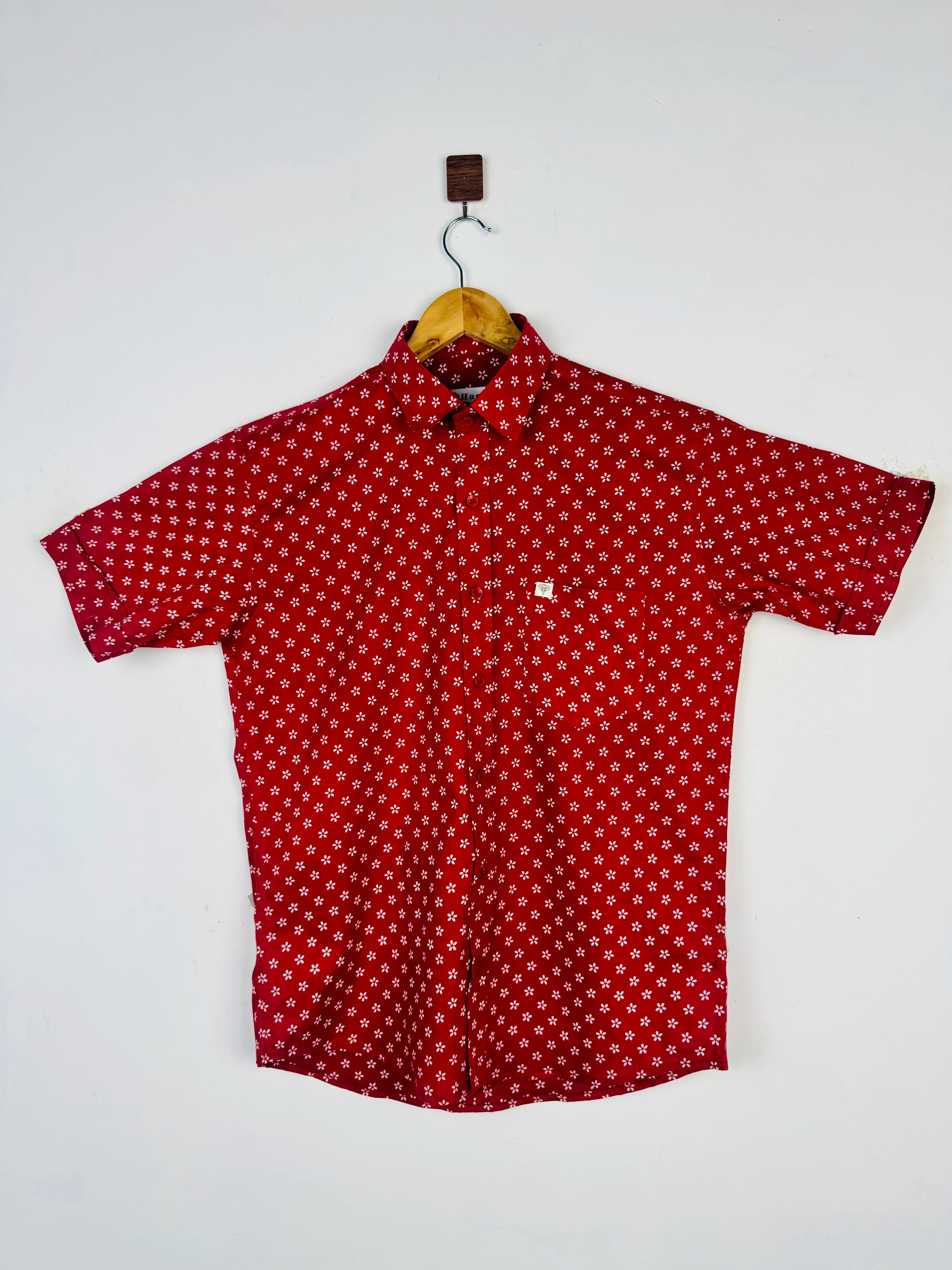 Red Dabu Printed Half Sleeves Shirt