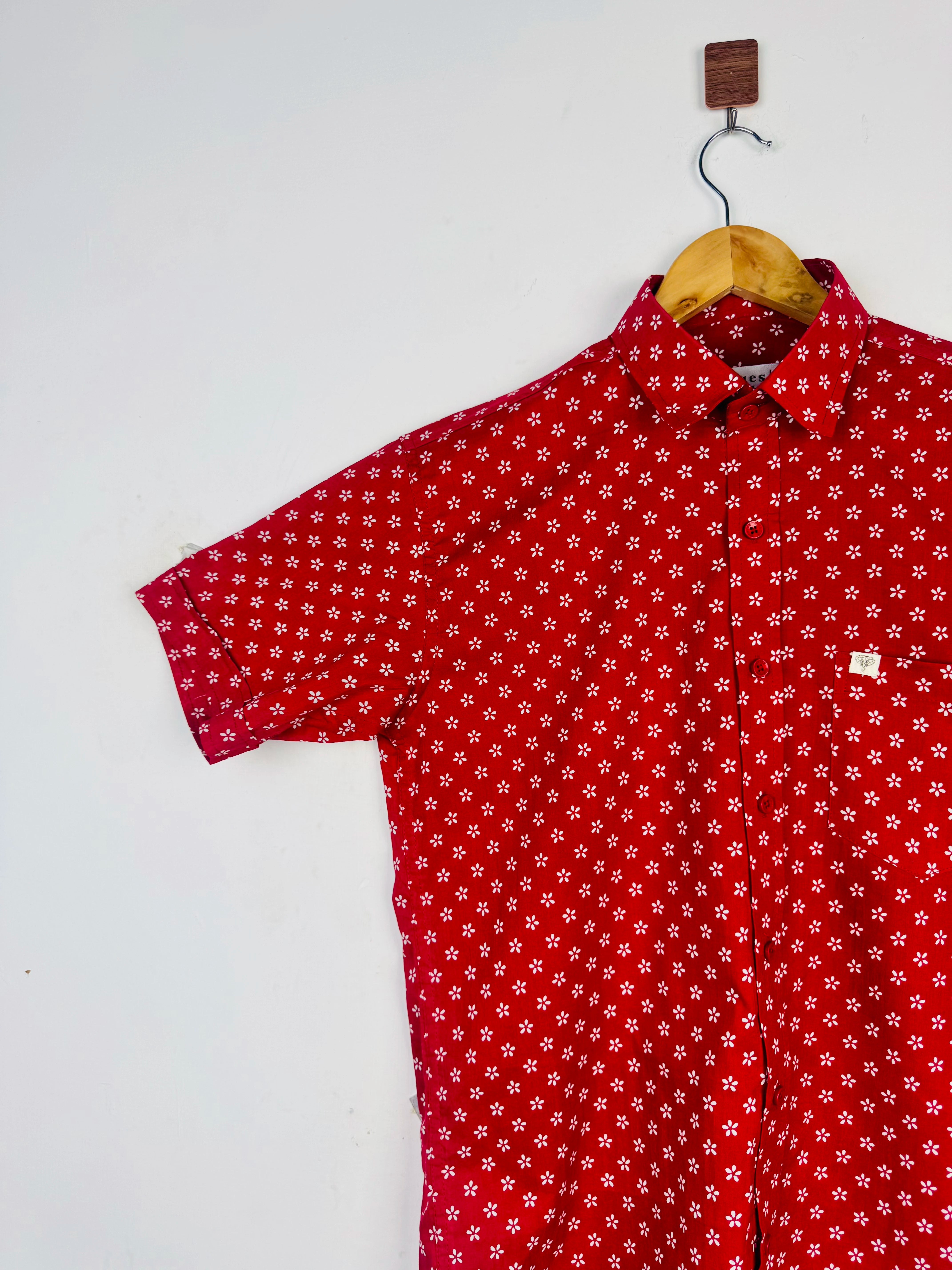 Red Dabu Printed Half Sleeves Shirt