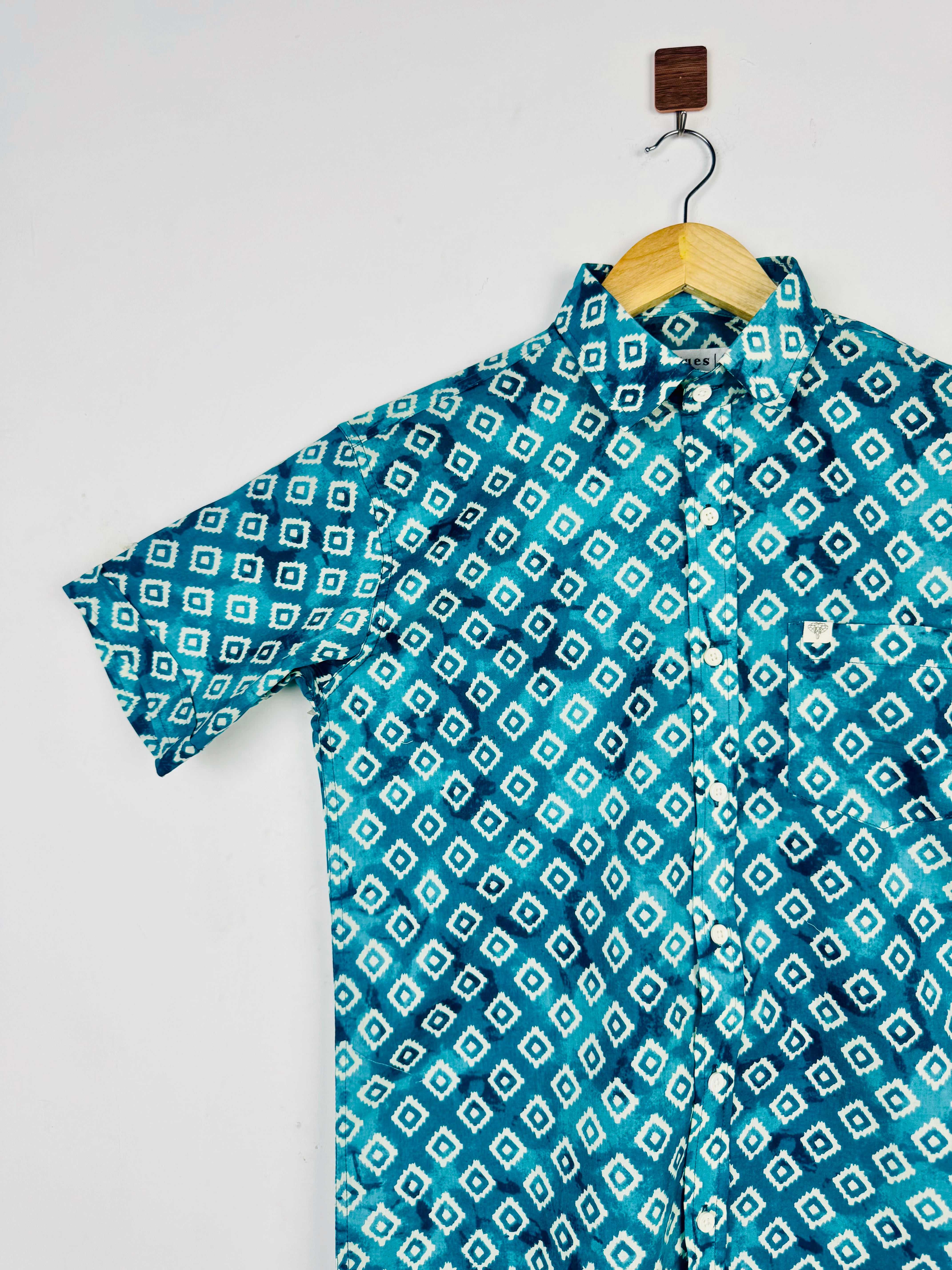 Teal Ikat Printed Half Sleeves Shirt