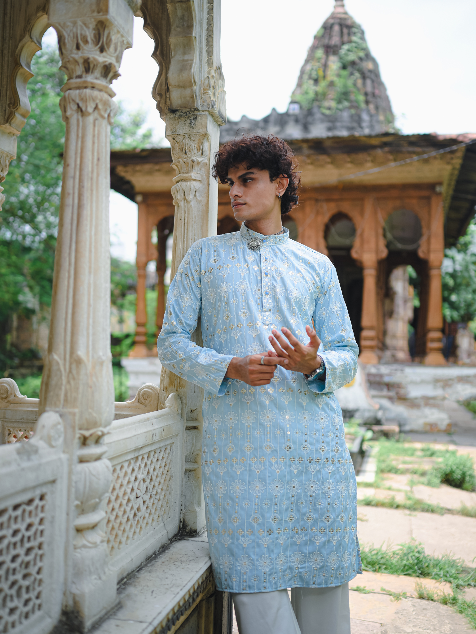 Sky Blue Thread And Mirror Work Kurta
