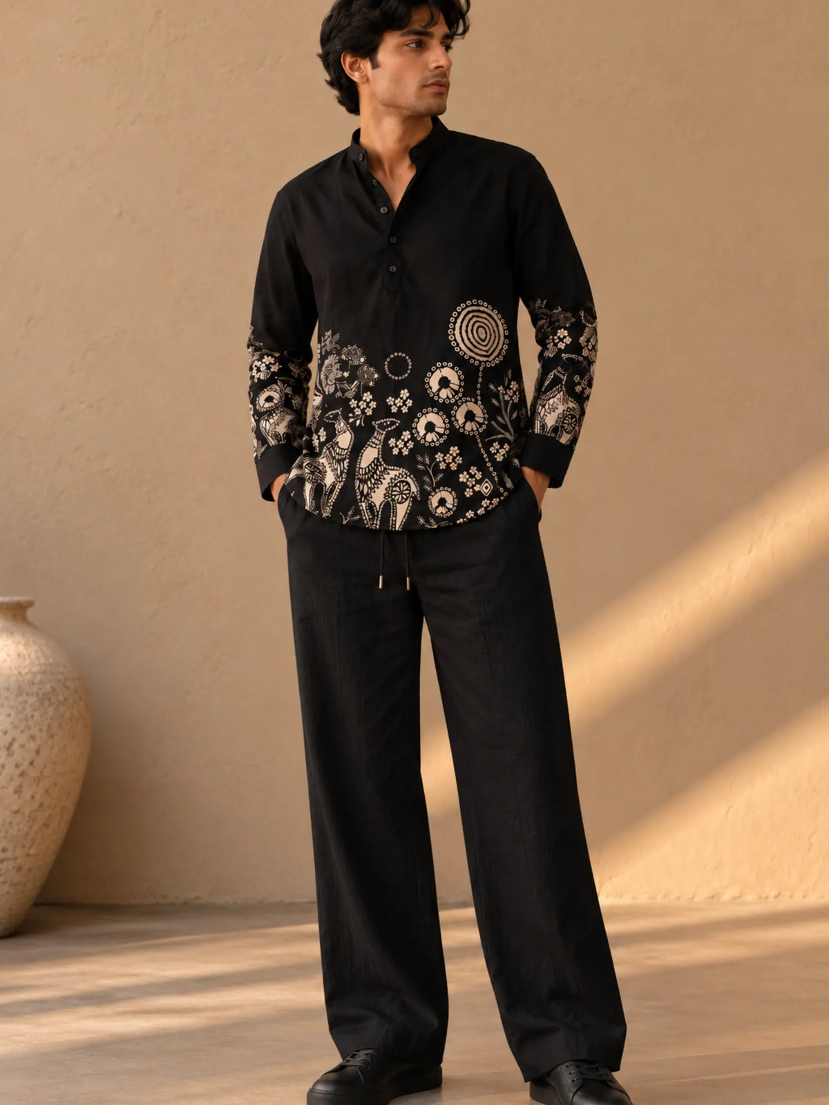 BLACK STRAIGHT FIT COTTON LINEN PANTS